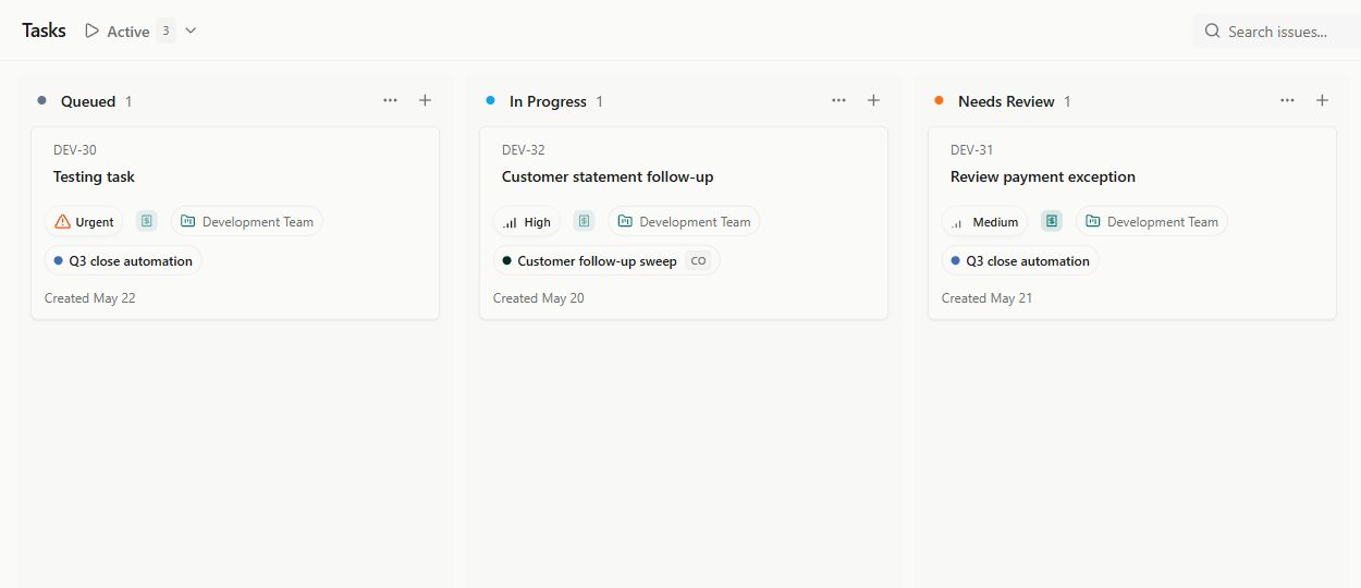 The Tasks board (Kanban) with Queued, In Progress, and Needs Review columns