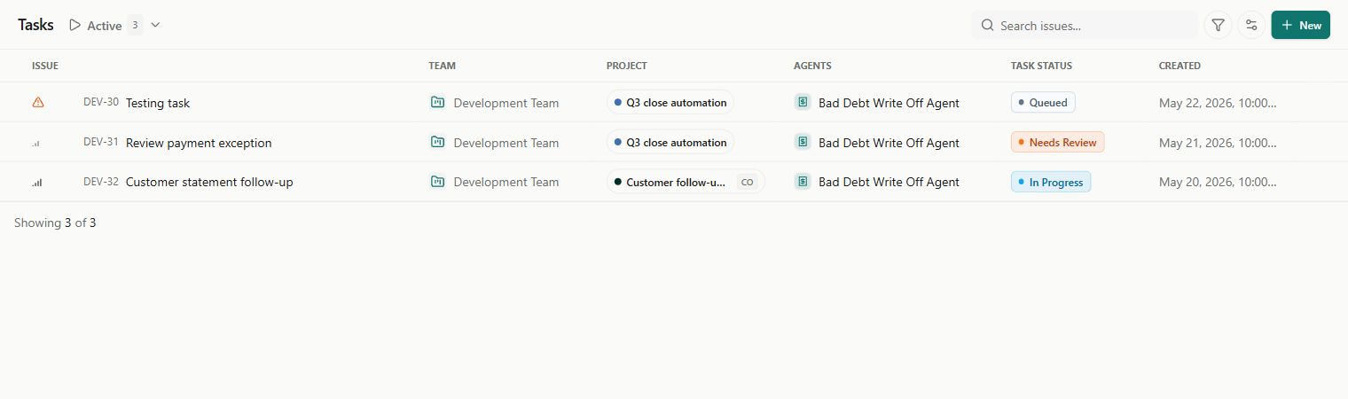 The Tasks list view with status and priority badges