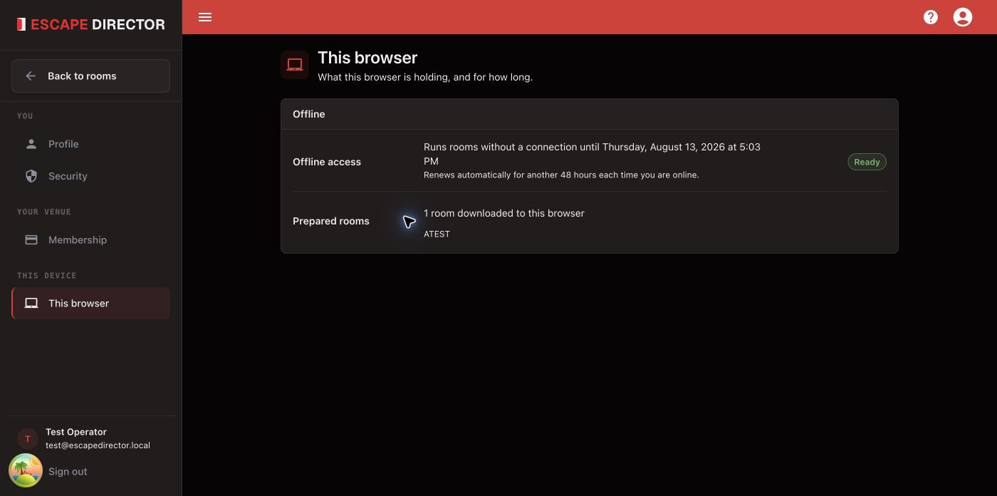 Account Settings in This browser showing Offline access status, expiry, and prepared Rooms in a synthetic test account
