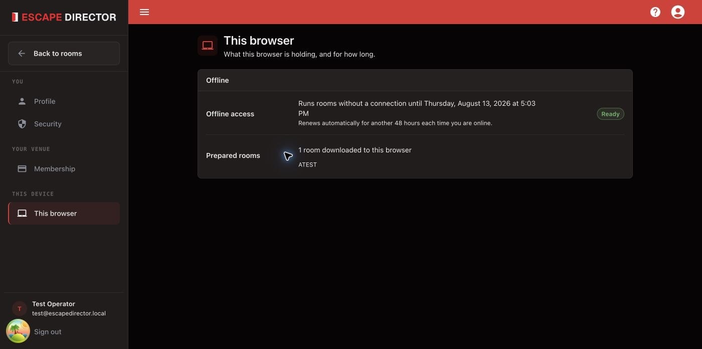 Account Settings in This browser showing Offline access status, expiry, and prepared Rooms in a synthetic test account