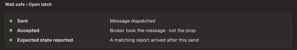 Test result for Wall safe Open latch: Sent, Accepted and Expected state reported