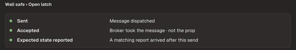 Test result for Wall safe Open latch: Sent, Accepted and Expected state reported