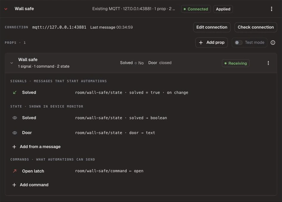 Wall safe MQTT Device with its prop, a Solved signal, Solved and Door readings, and an Open latch command