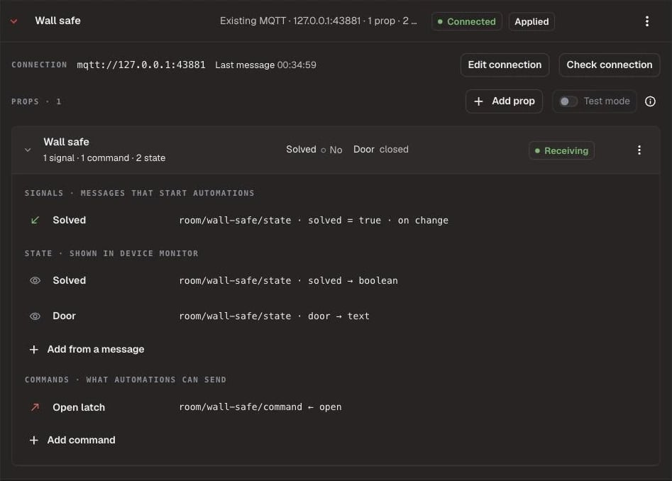 Wall safe MQTT Device with its prop, a Solved signal, Solved and Door readings, and an Open latch command