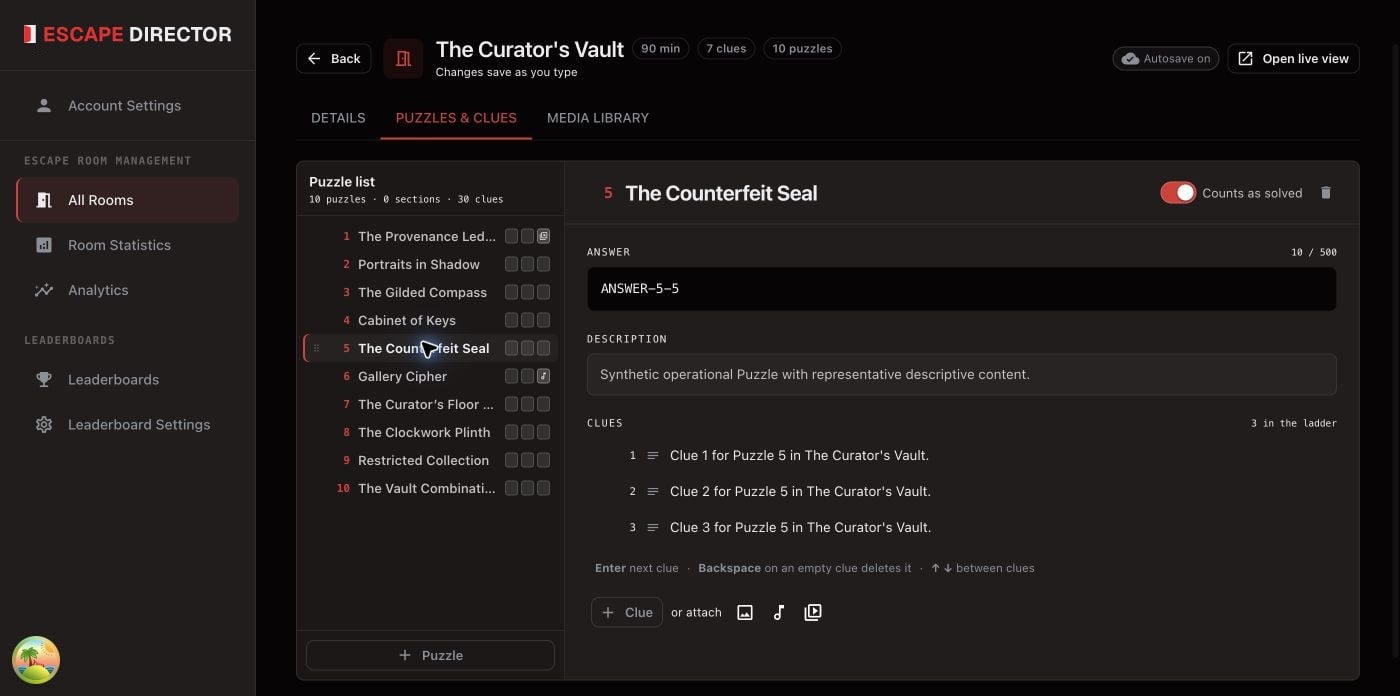 Puzzles and clues editor for The Curator's Vault showing ten named Puzzles and the selected Counterfeit Seal Clue ladder
