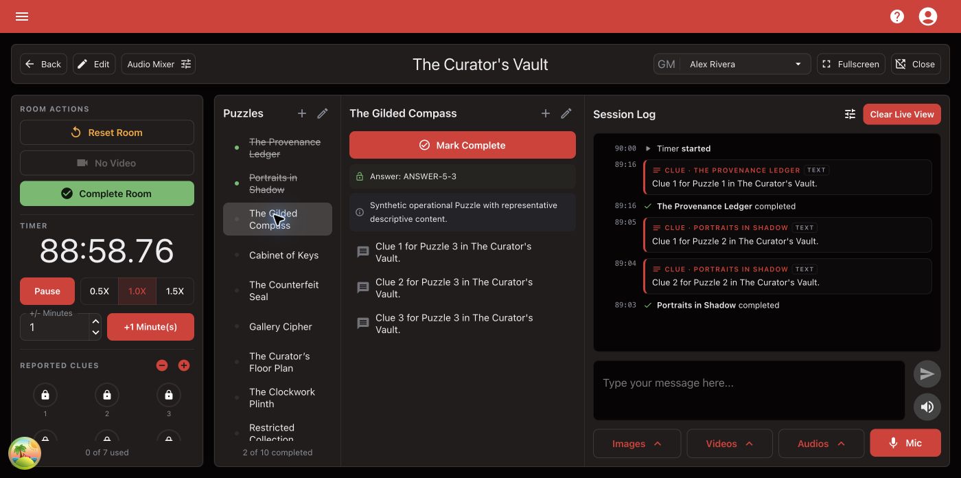 In-progress Room Dashboard for The Curator's Vault with a running timer, two completed Puzzles, the selected Gilded Compass Puzzle, and a Session Log of sent Clues and completions