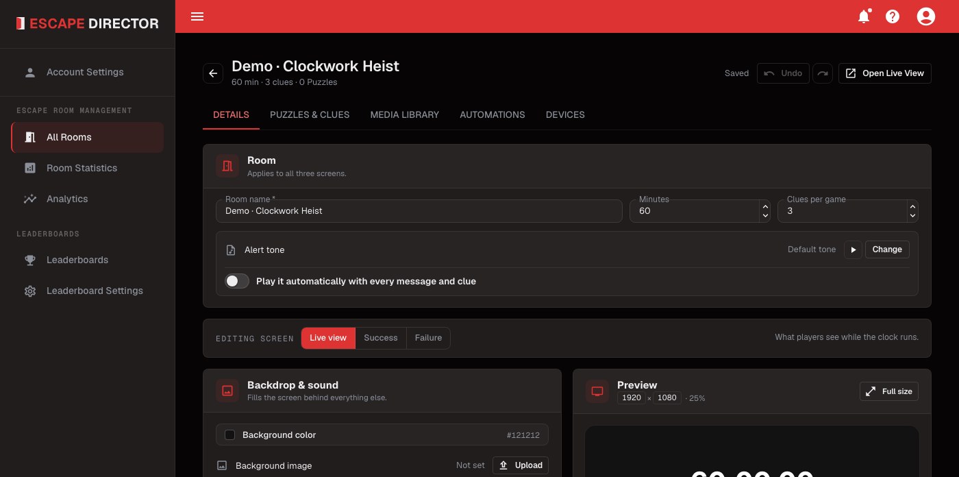 Escape Director Room editor showing the consolidated Details tab, save status, Live View screen controls, and preview