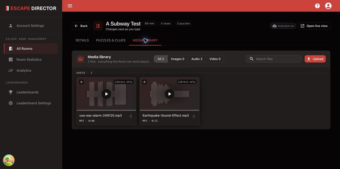 Room editor Media library showing All, Images, Audio, and Video filters, search, upload, and playable audio cards