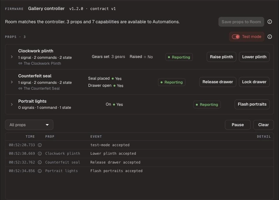 Gallery controller in Test mode: three props with live readings, their command buttons, and the Test trace