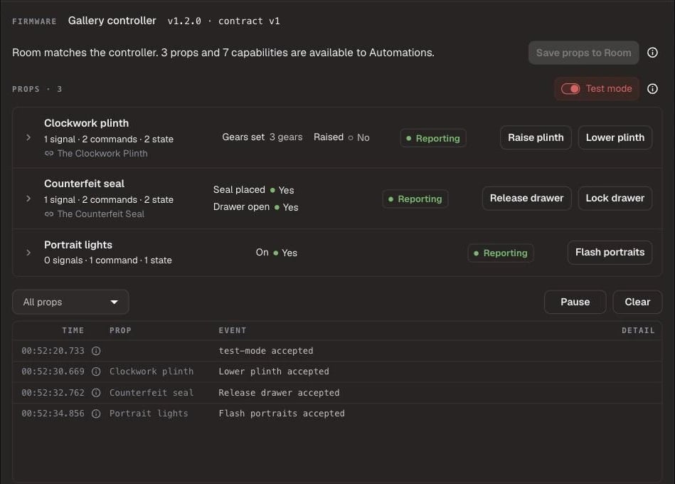 Gallery controller in Test mode: three props with live readings, their command buttons, and the Test trace