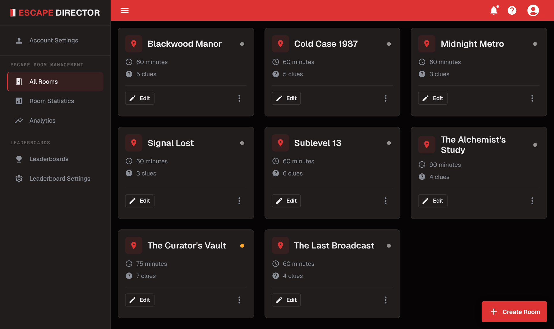Escape Director All Rooms page showing fictional demo Rooms