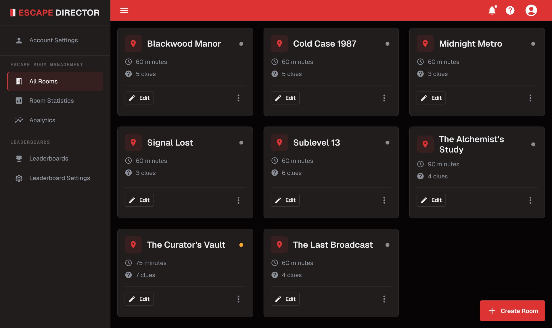 Escape Director All Rooms page showing fictional demo Rooms