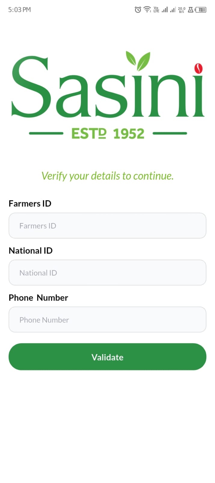 Farmer ID Validation Screen
