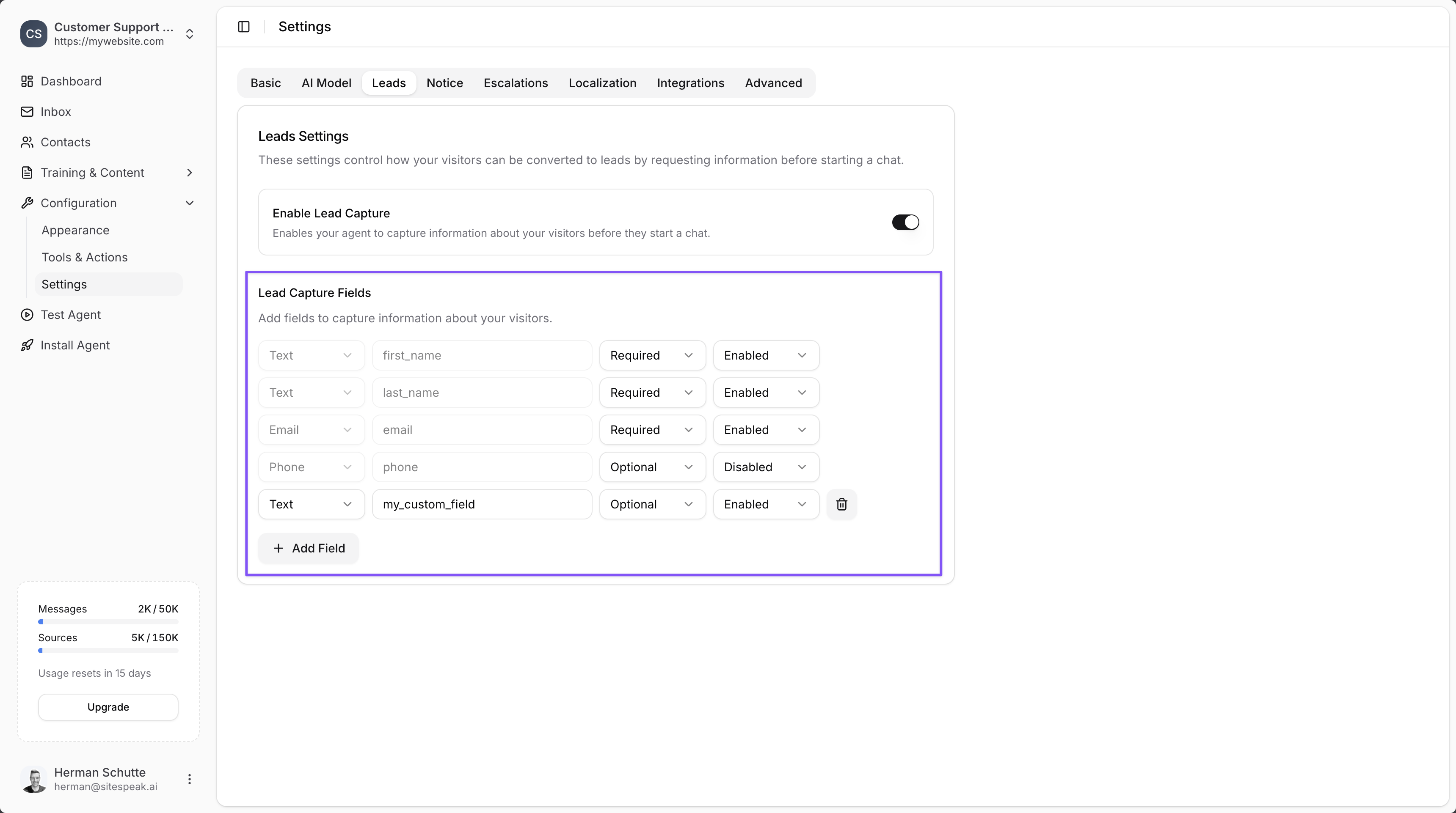 Custom fields configuration