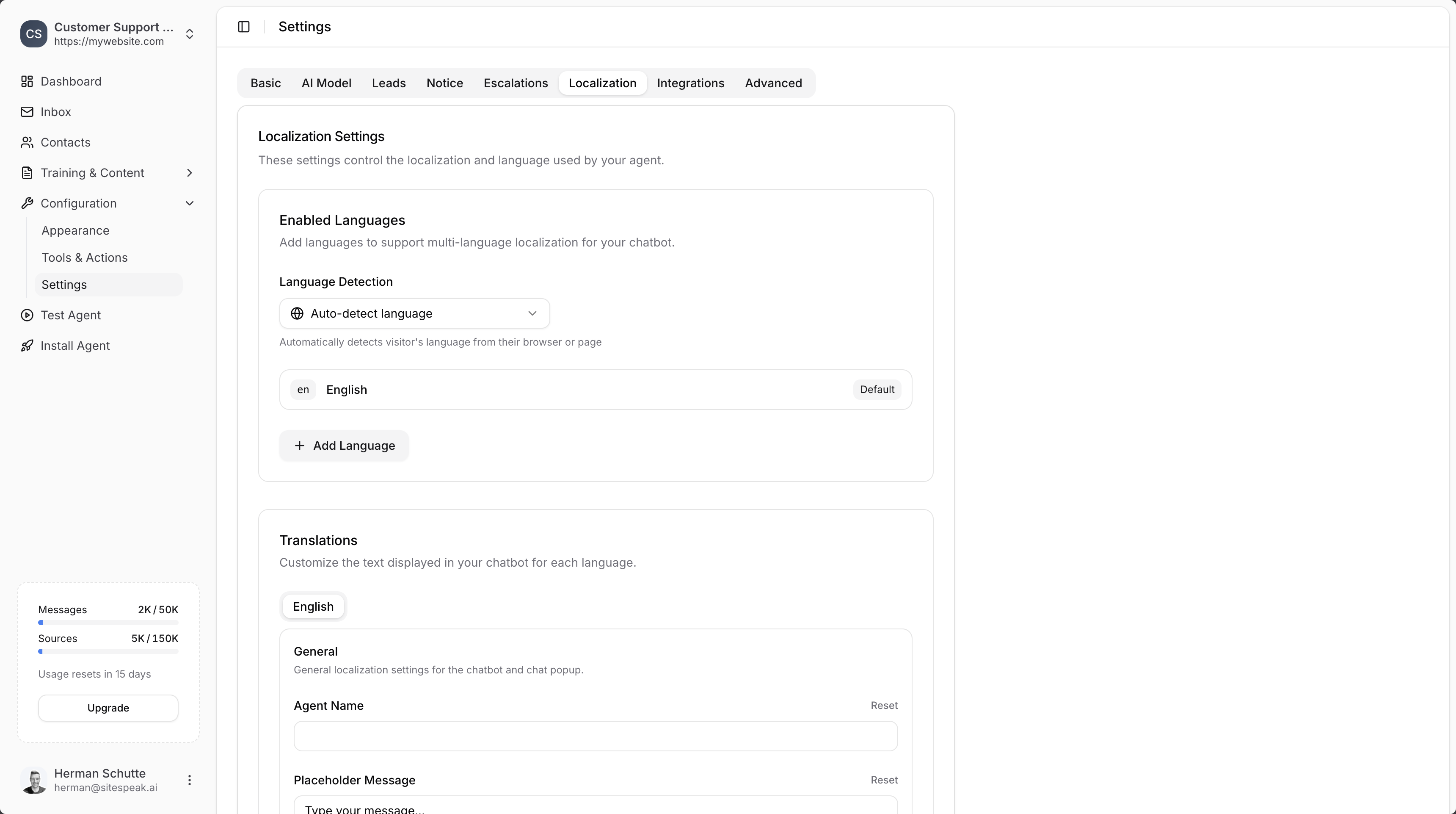 Localization settings