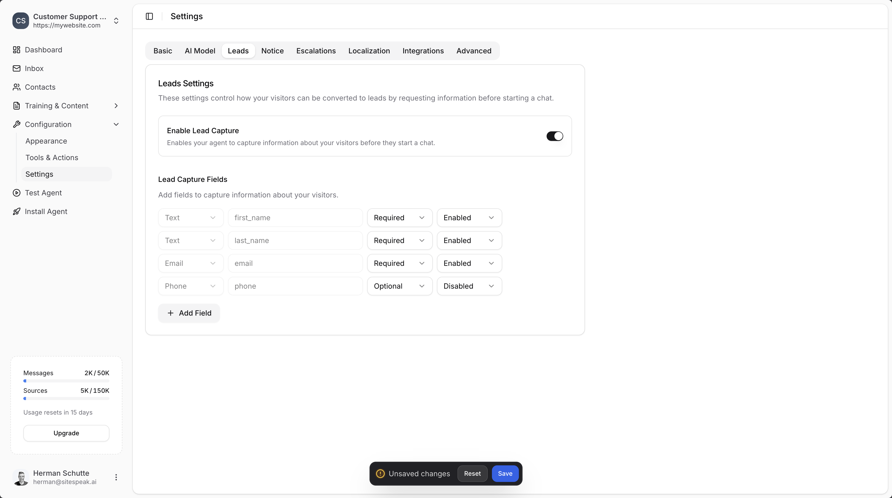 Lead capture settings