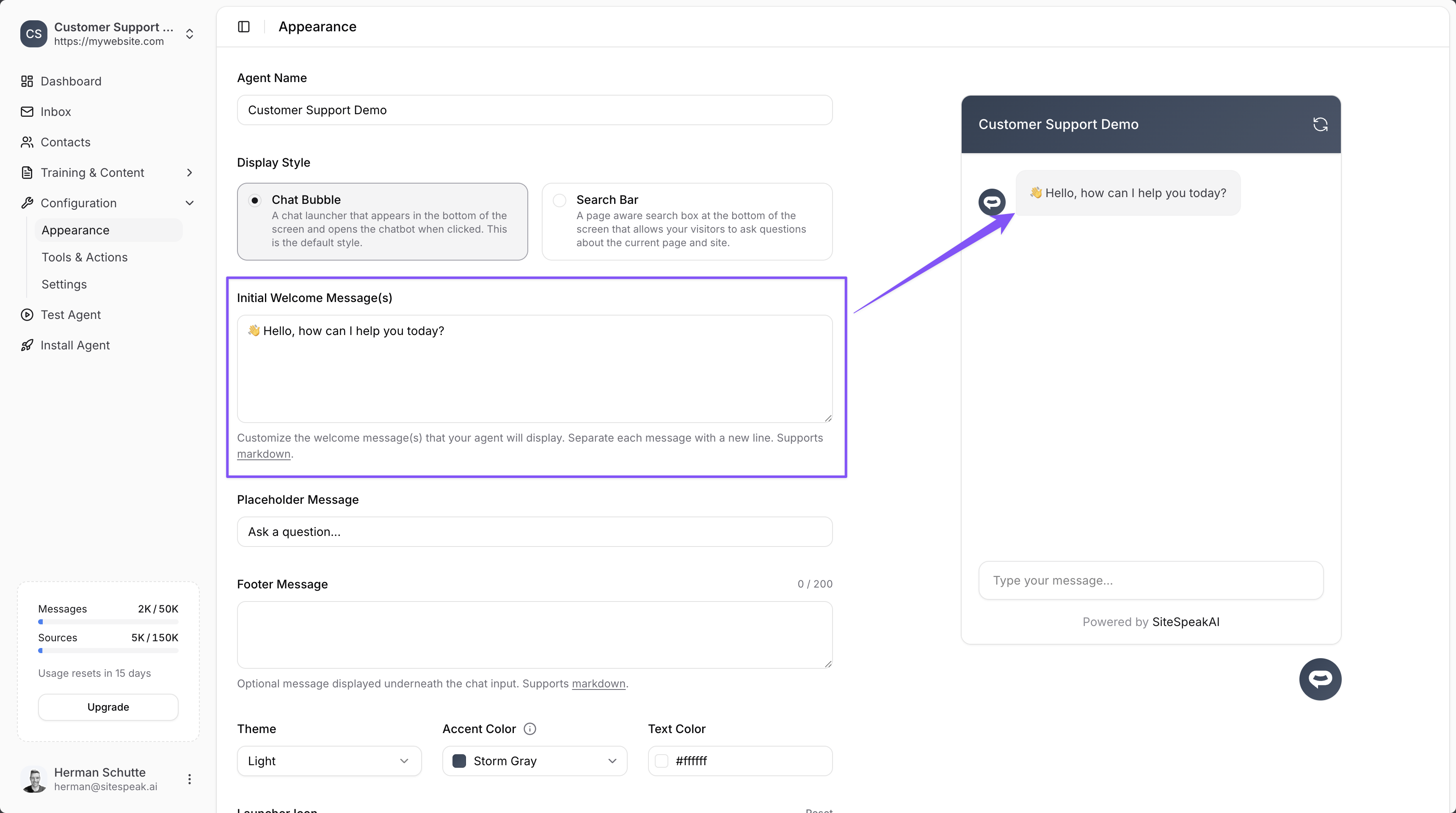 Personalise your welcome message - SiteSpeakAI Docs