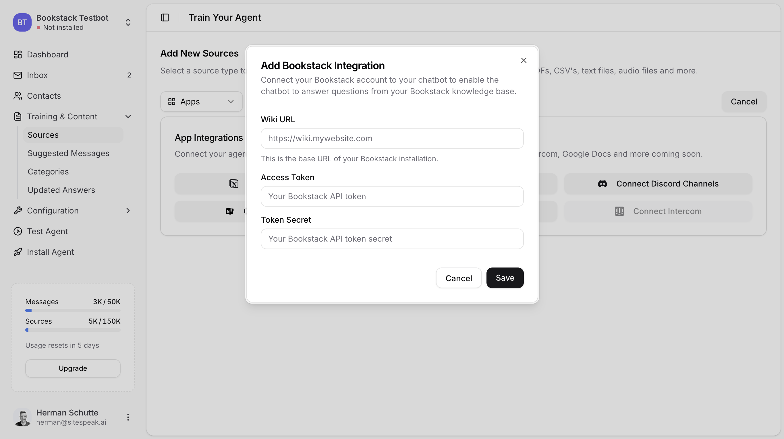 BookStack integration modal with Wiki URL, Access Token, and Token Secret fields