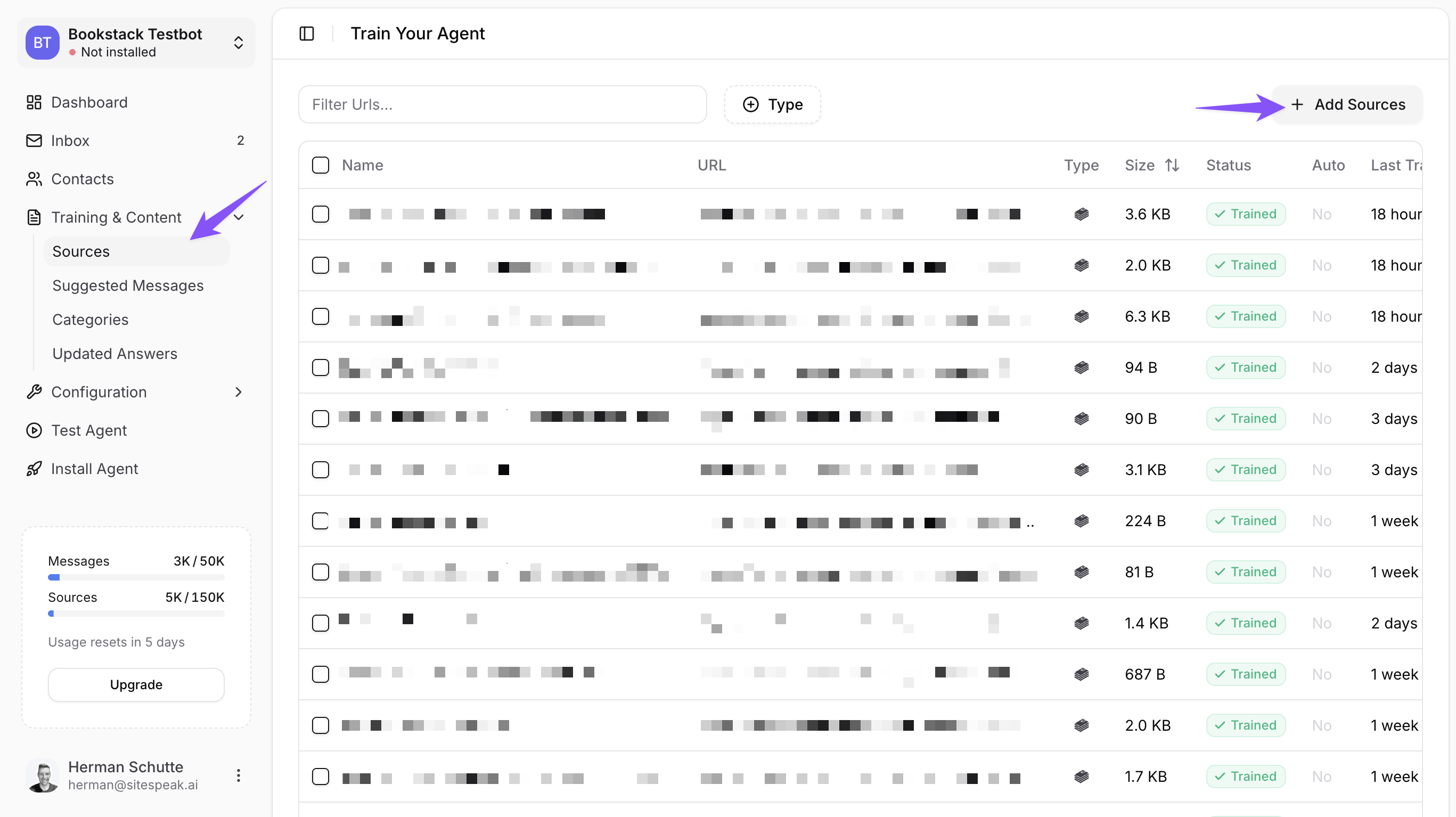 Add Sources page showing BookStack integration