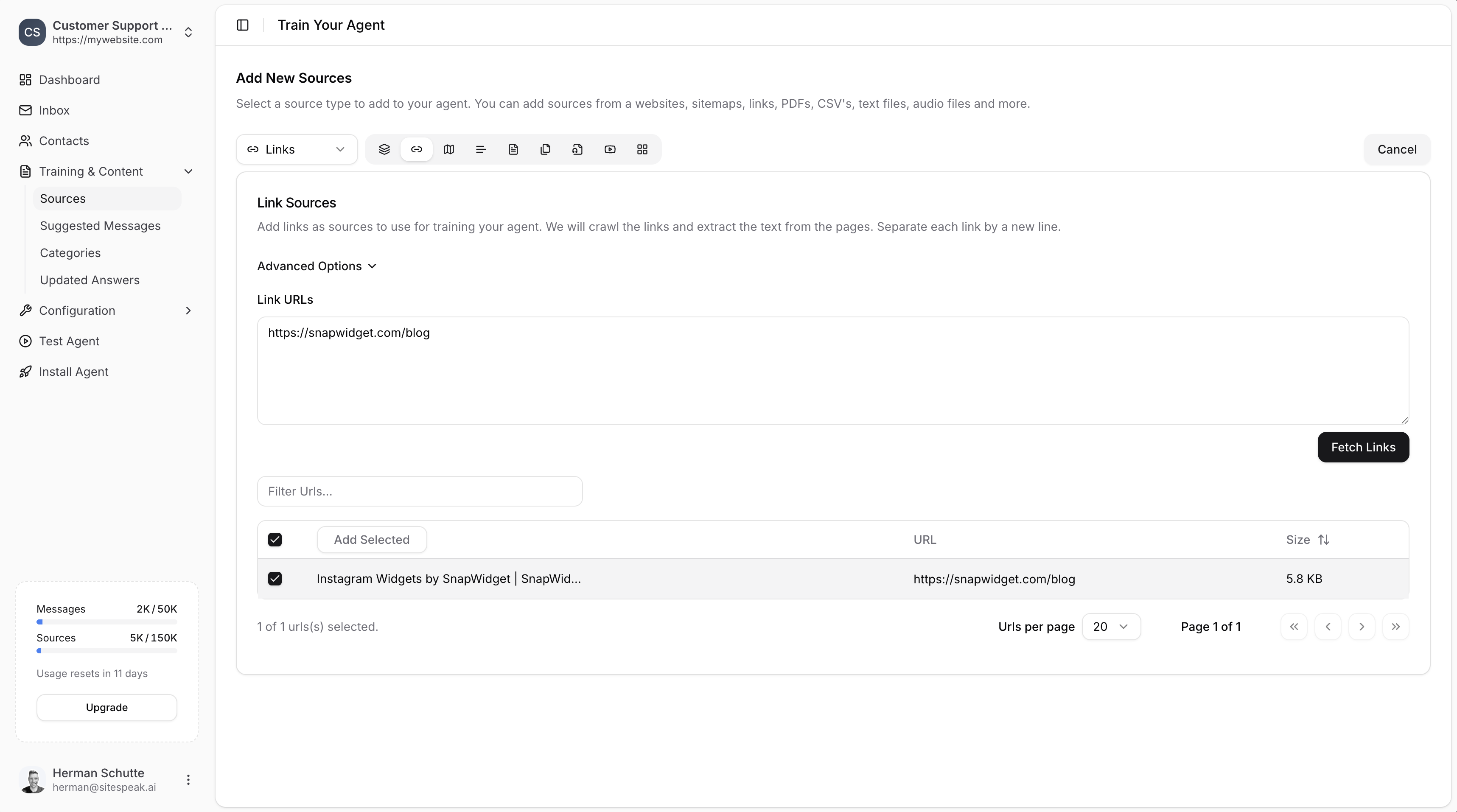 List of fetched link pages