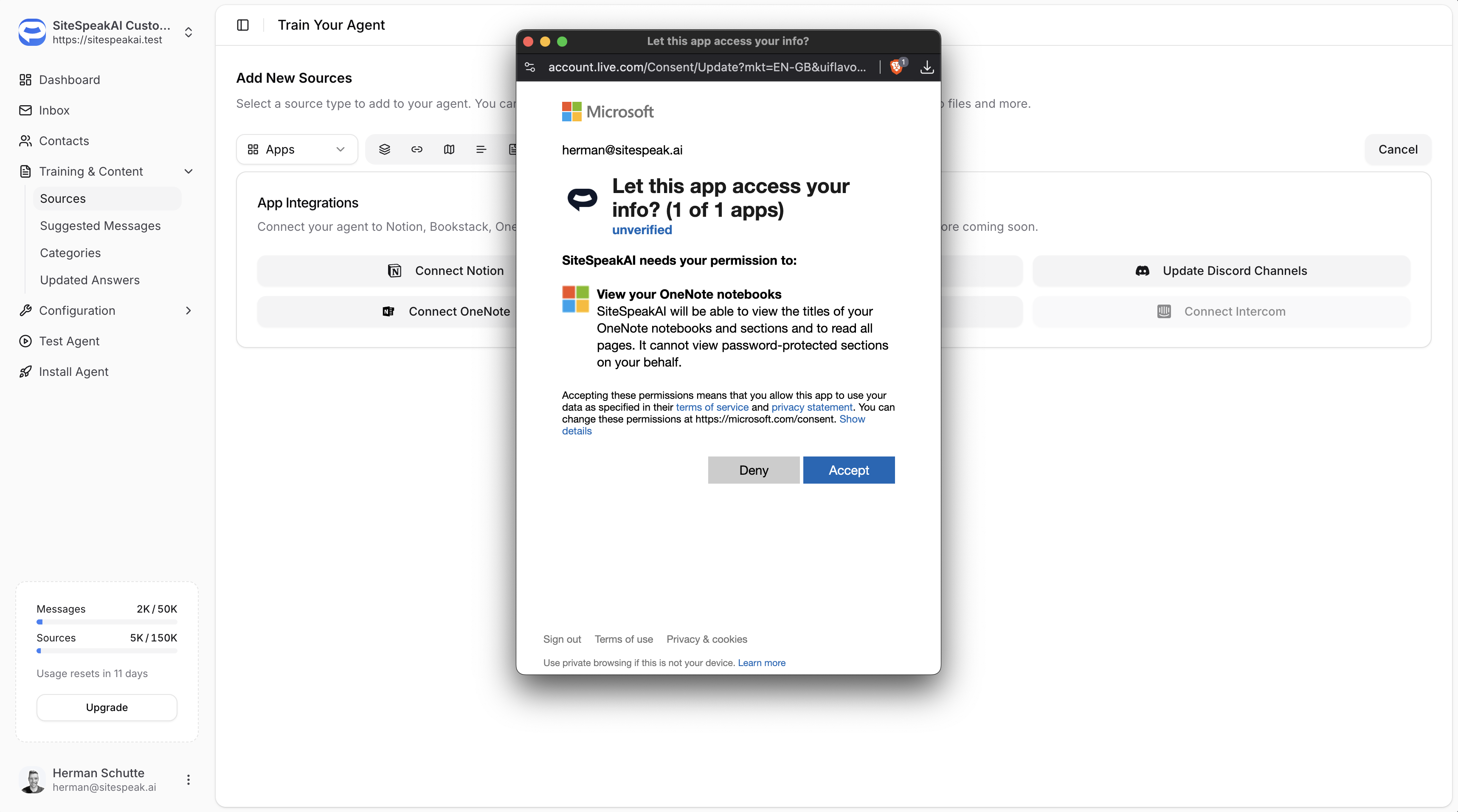 OneNote permission request
