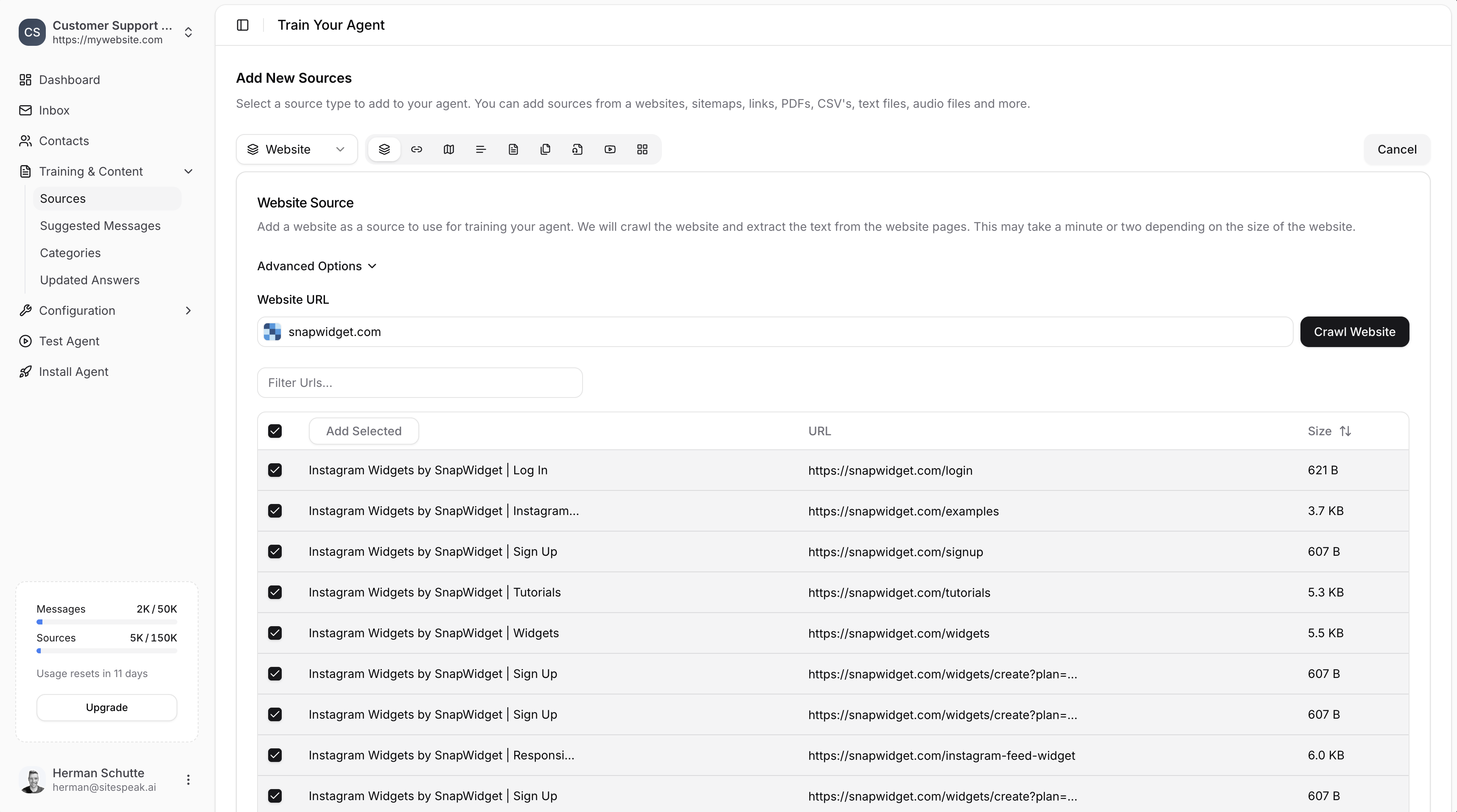 List of discovered website pages