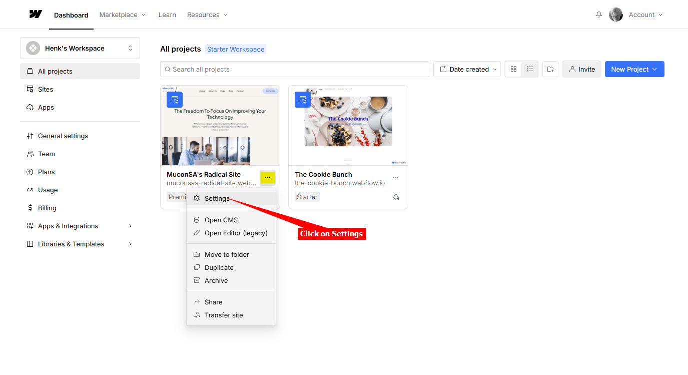 2-Webflow-Select-Project-Settings
