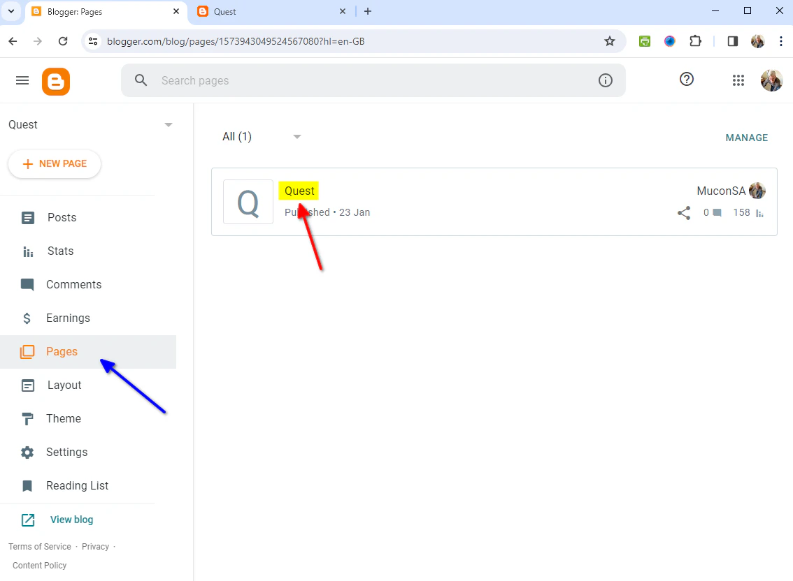 1 - Blogger - Select Page under Pages.png