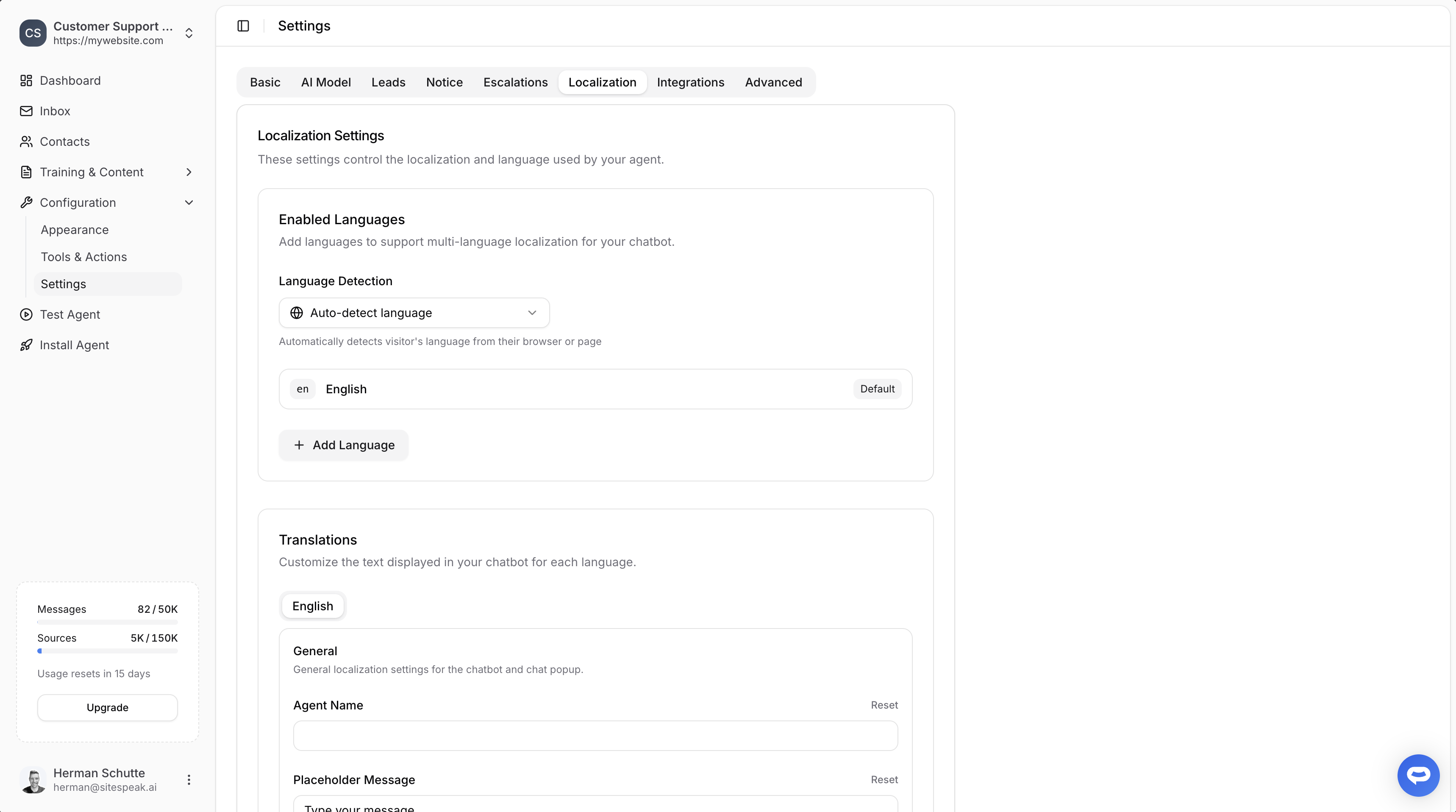 Localization settings