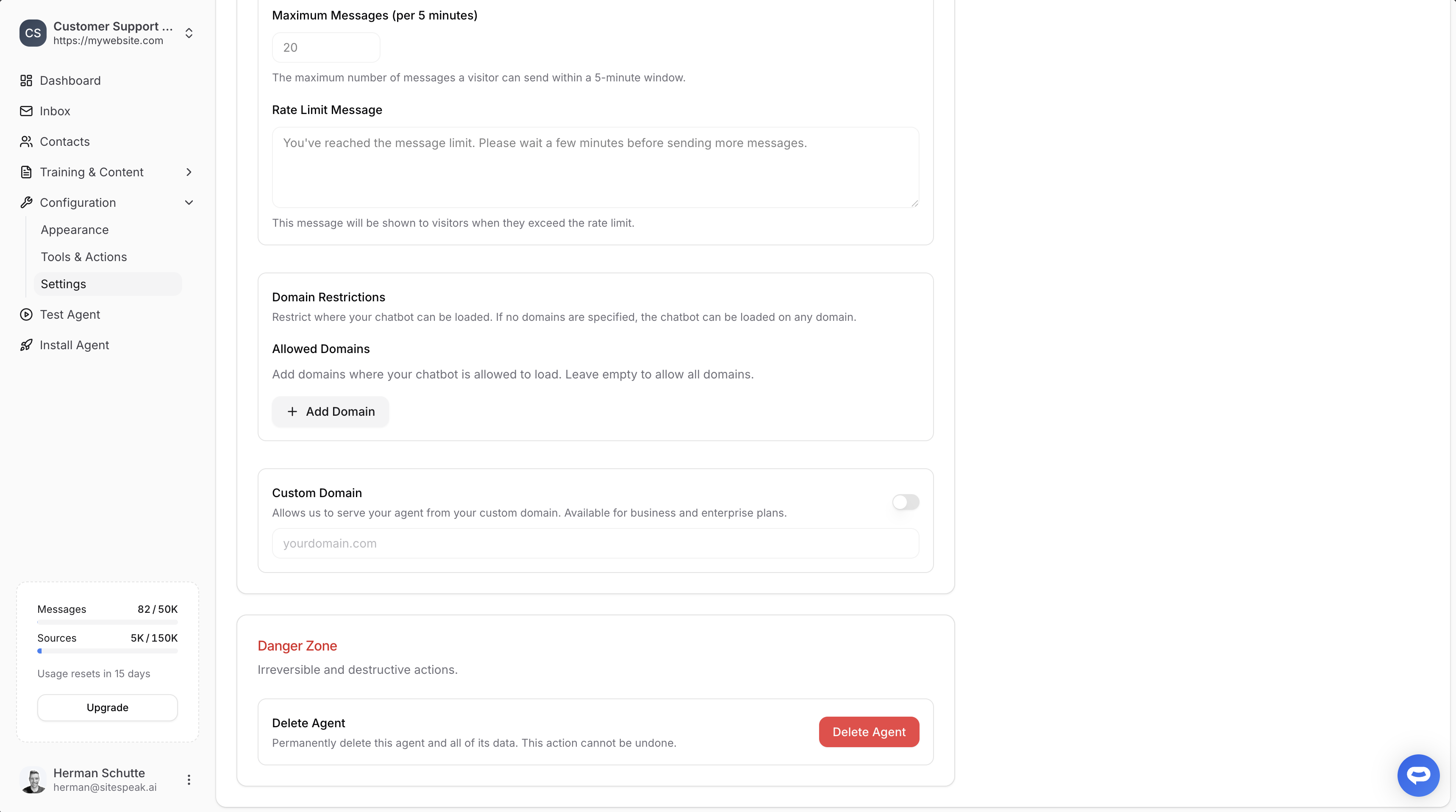 Danger zone with delete option