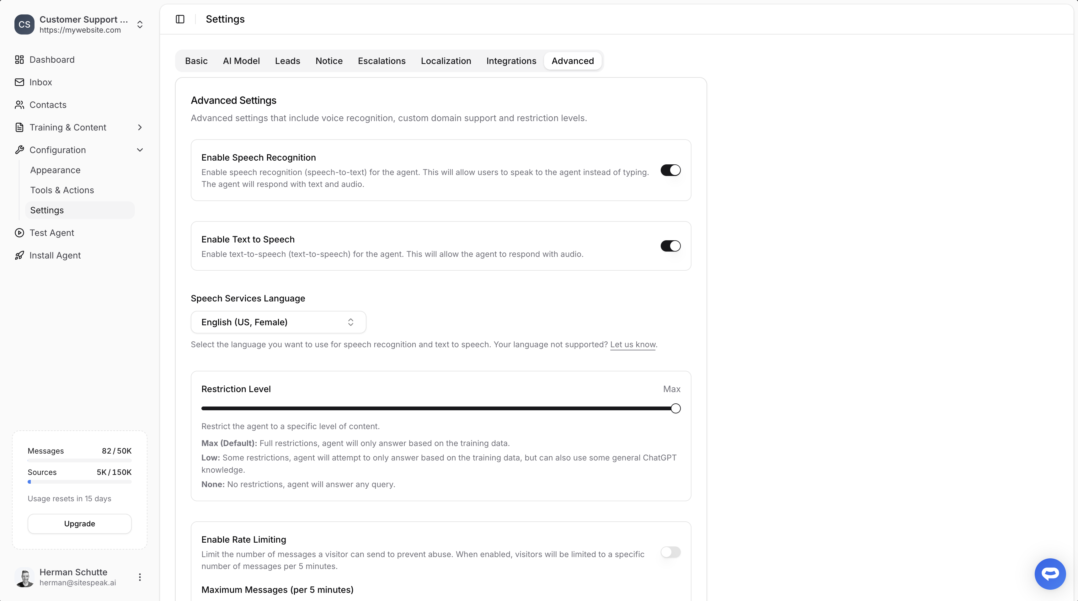 Voice and speech settings