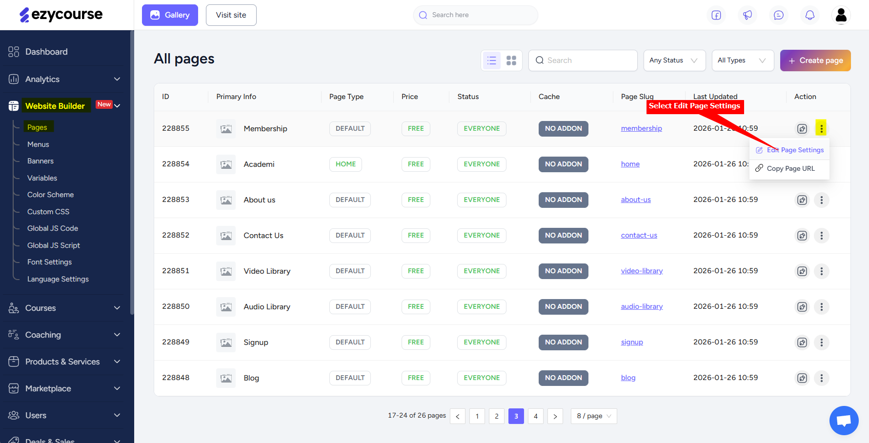 Select Edit for a Page