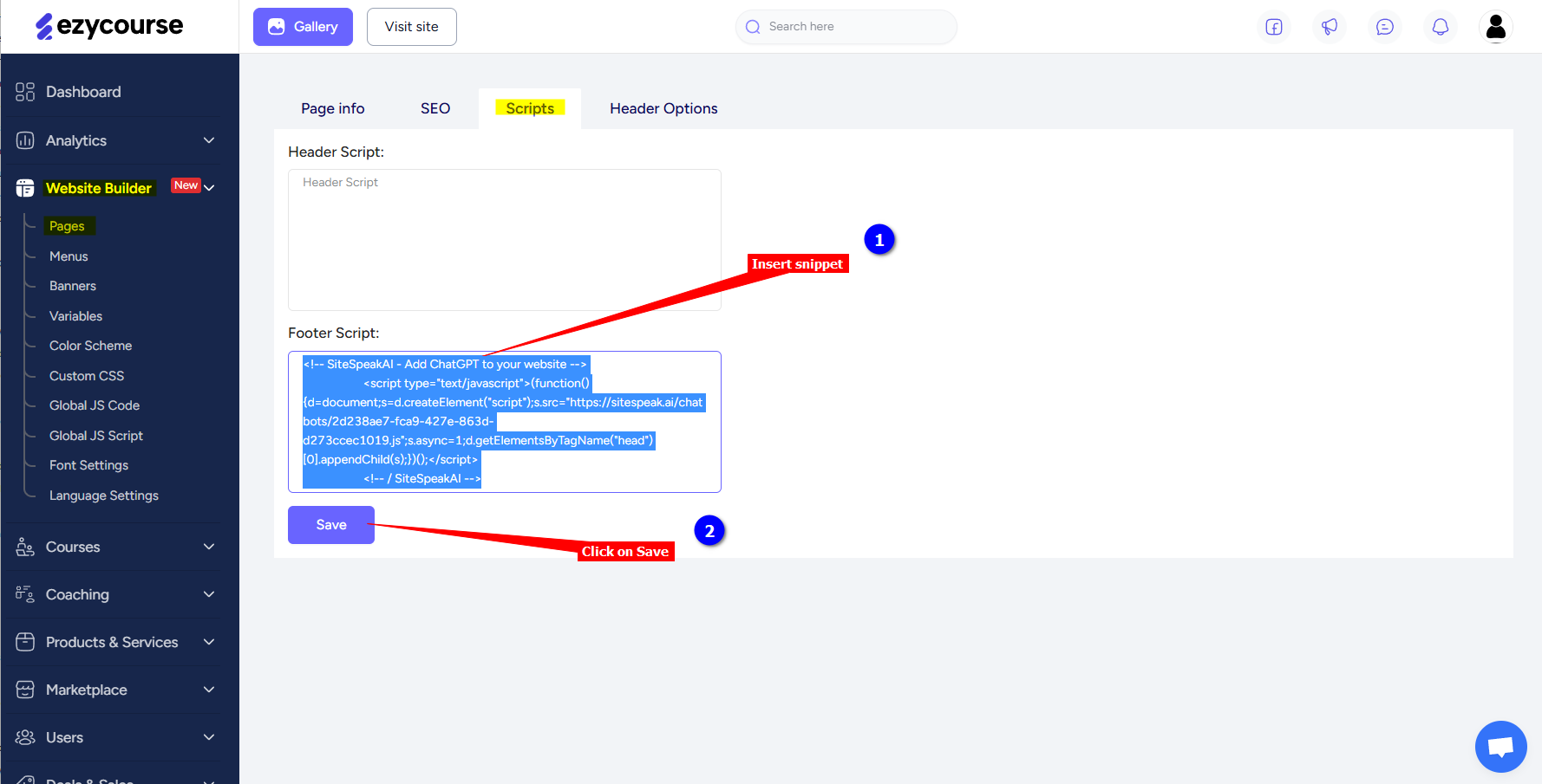 Insert snippet per Page