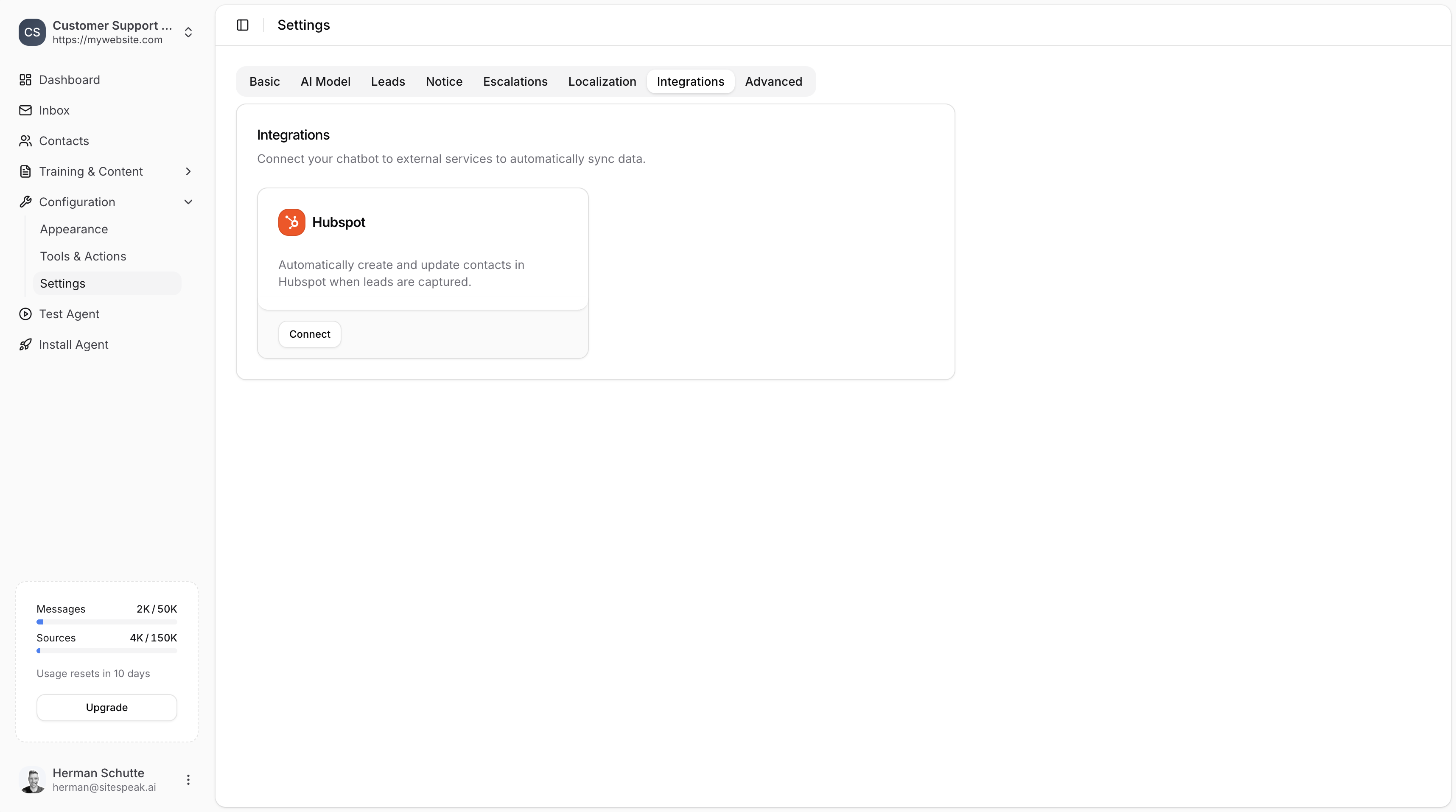 HubSpot integration card