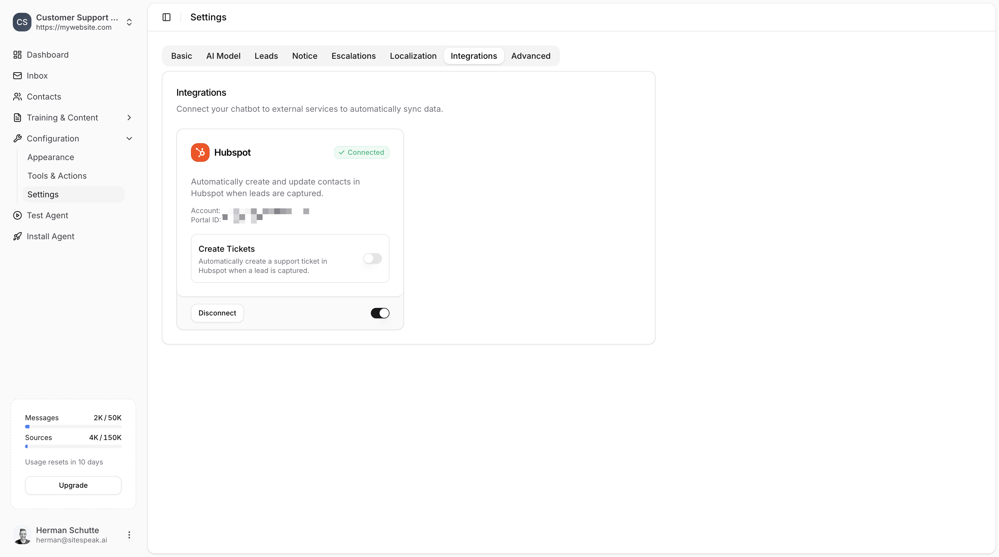 HubSpot connected state
