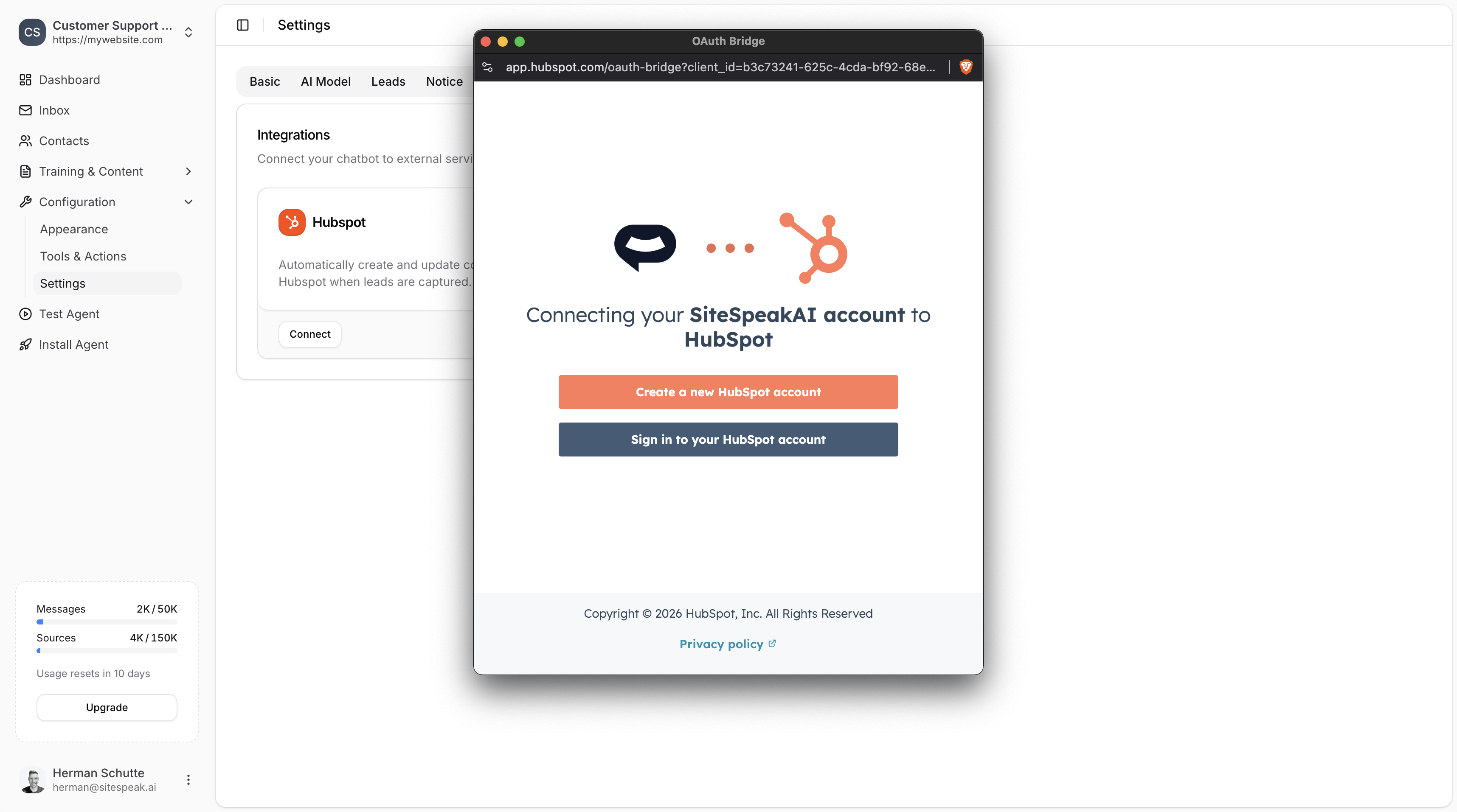 HubSpot OAuth authorization