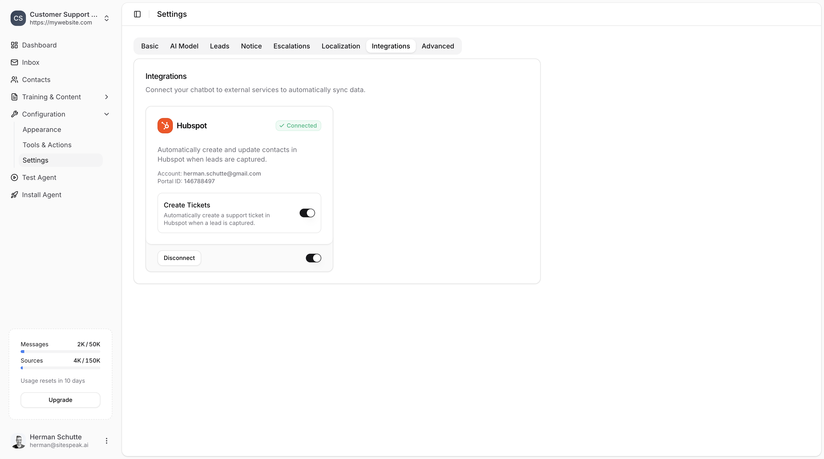 HubSpot Create Tickets option enabled