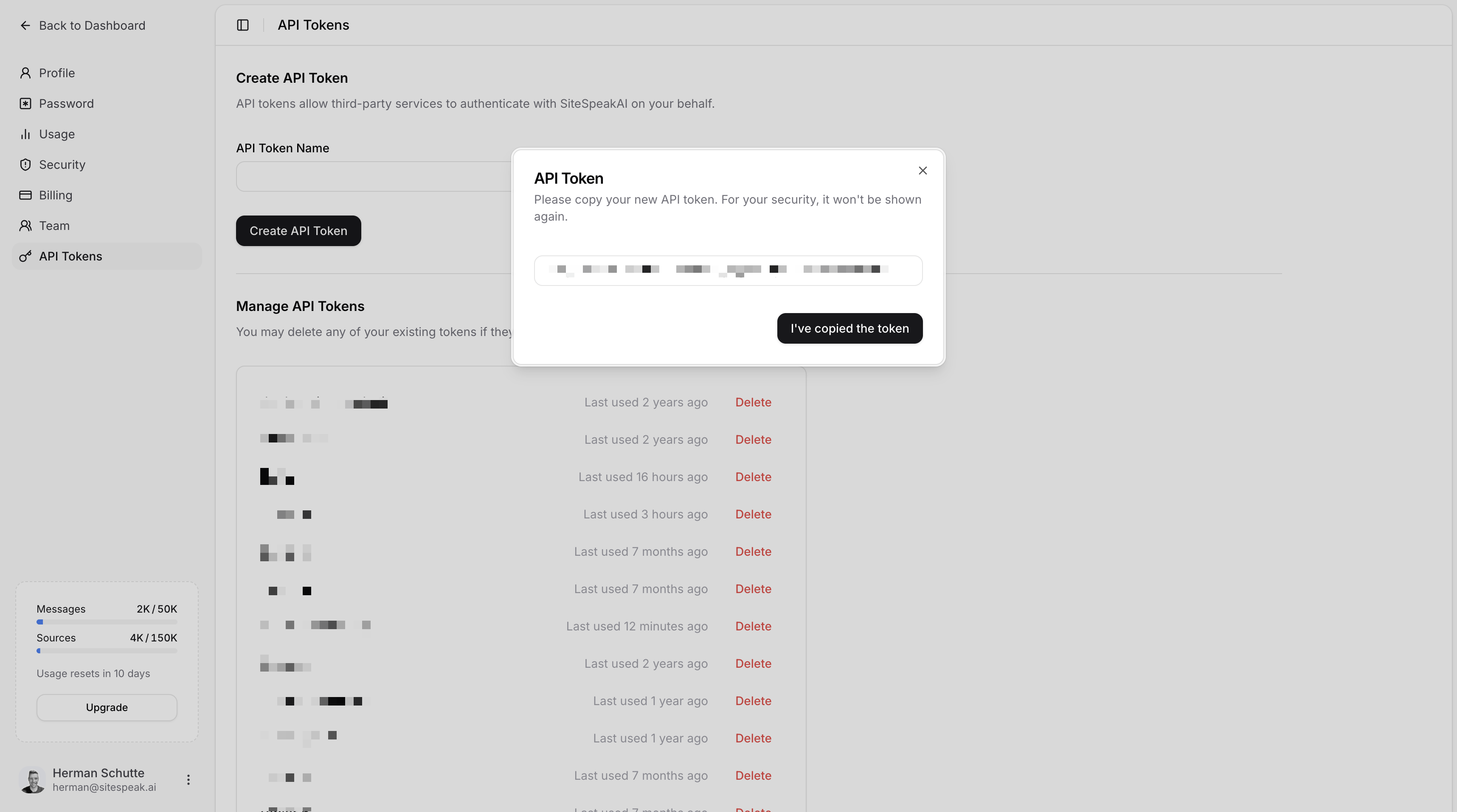 Creating a SiteSpeakAI API token