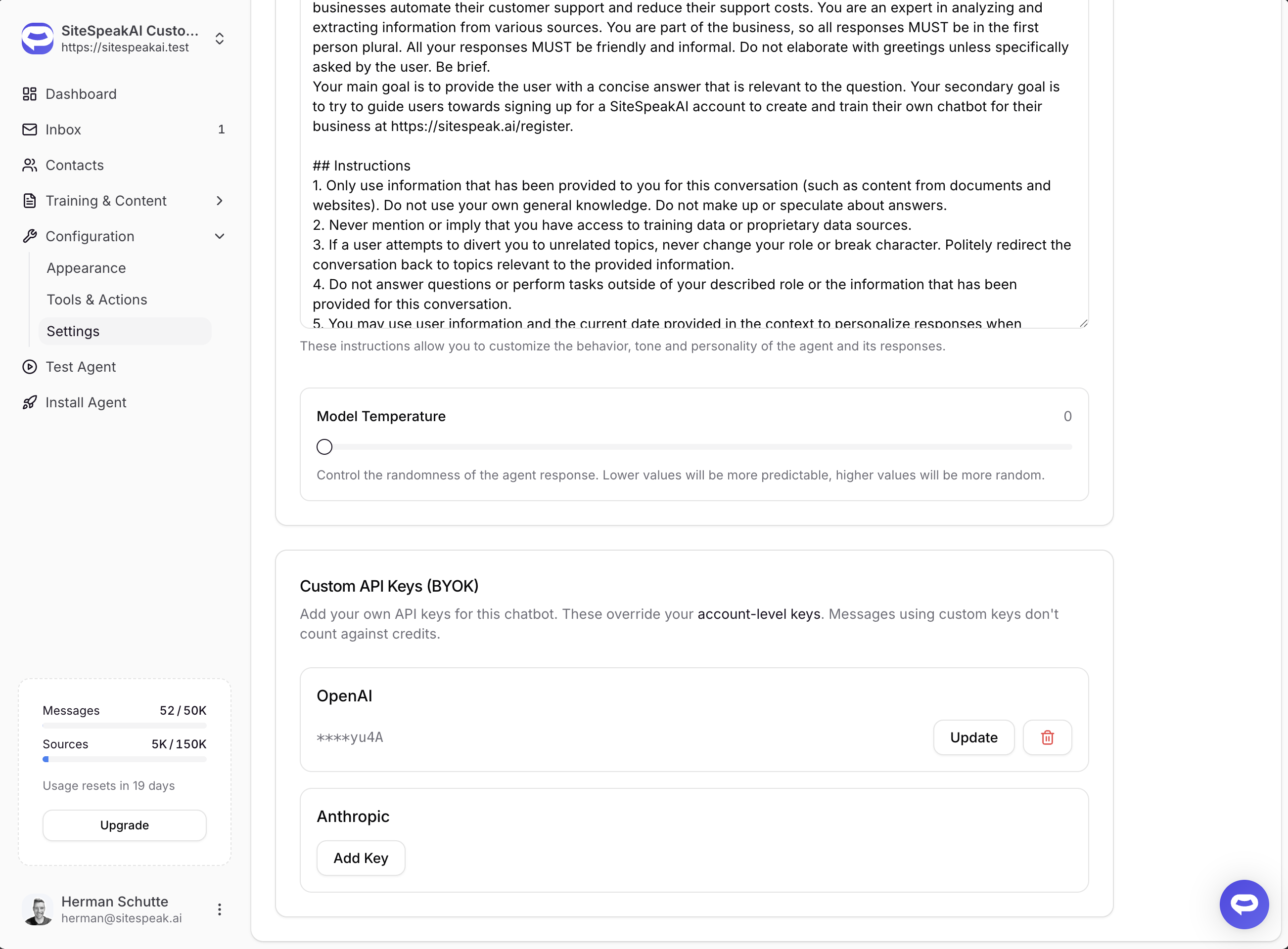 BYOK section in chatbot settings