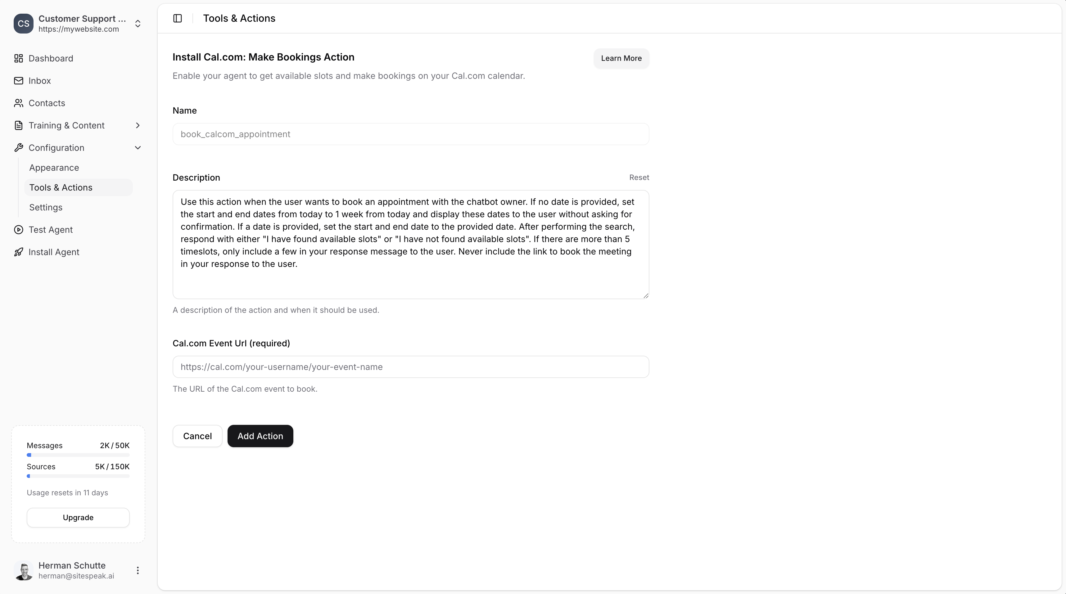Cal.com action configuration