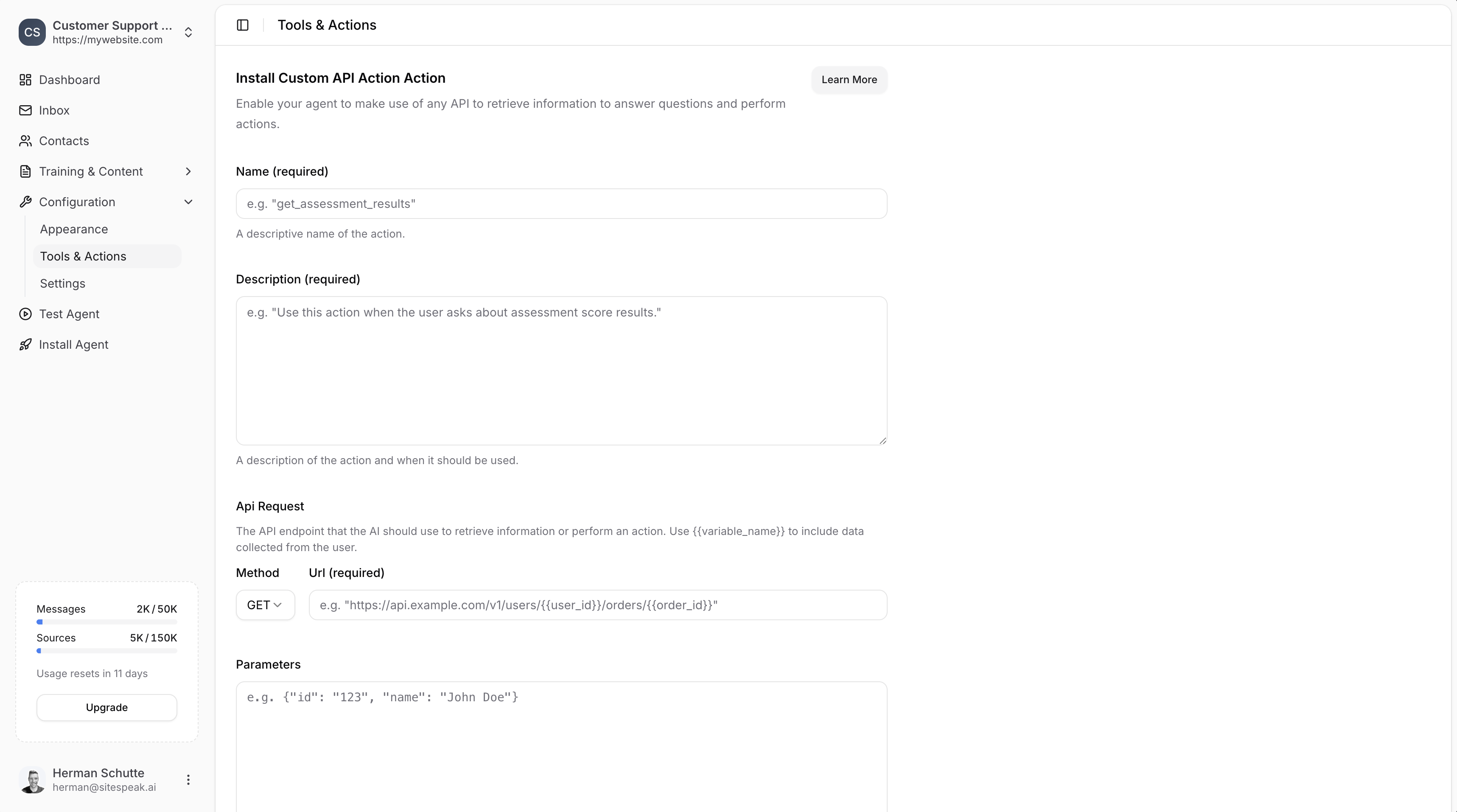 Custom API Action configuration