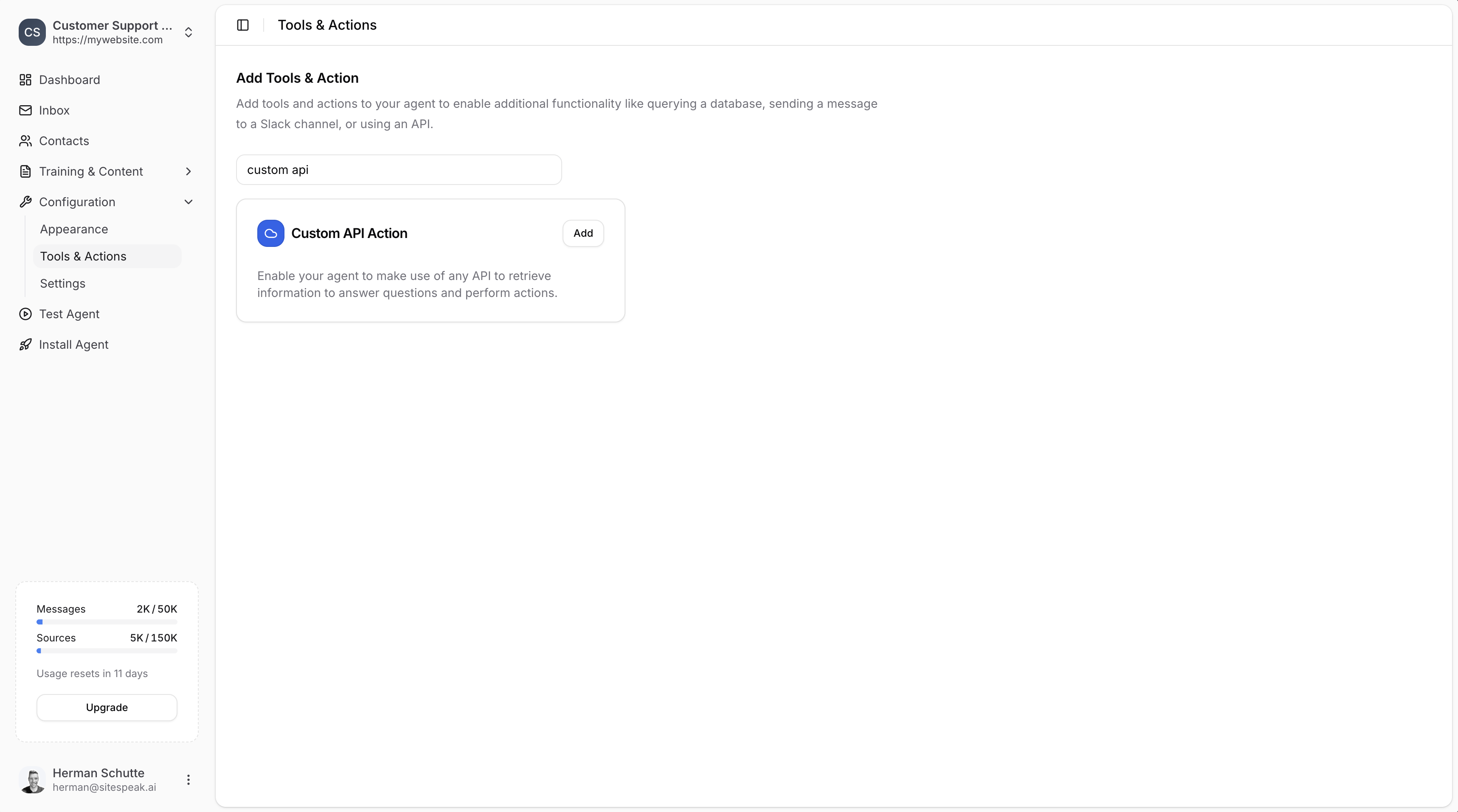 Custom API Action card