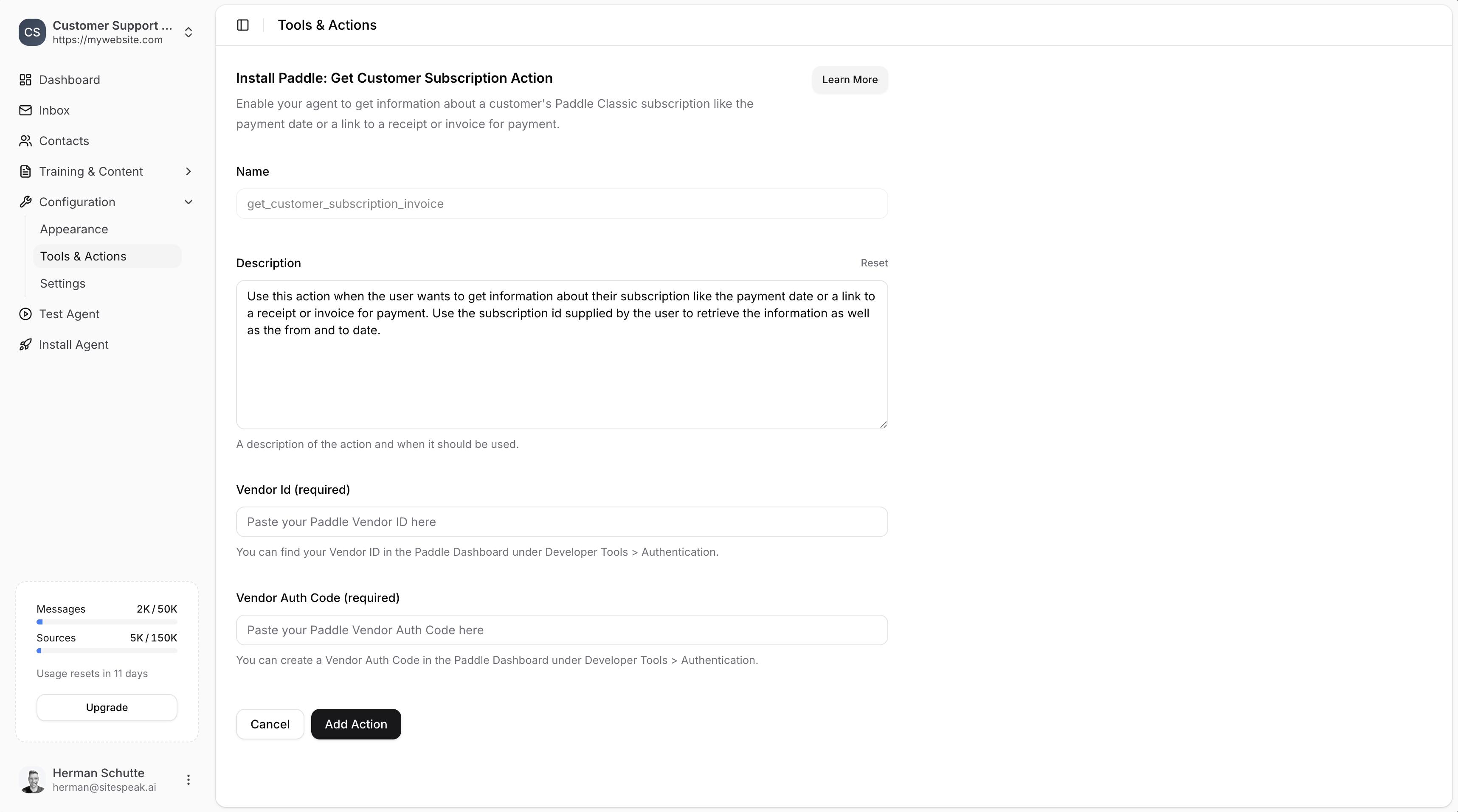 Paddle action configuration