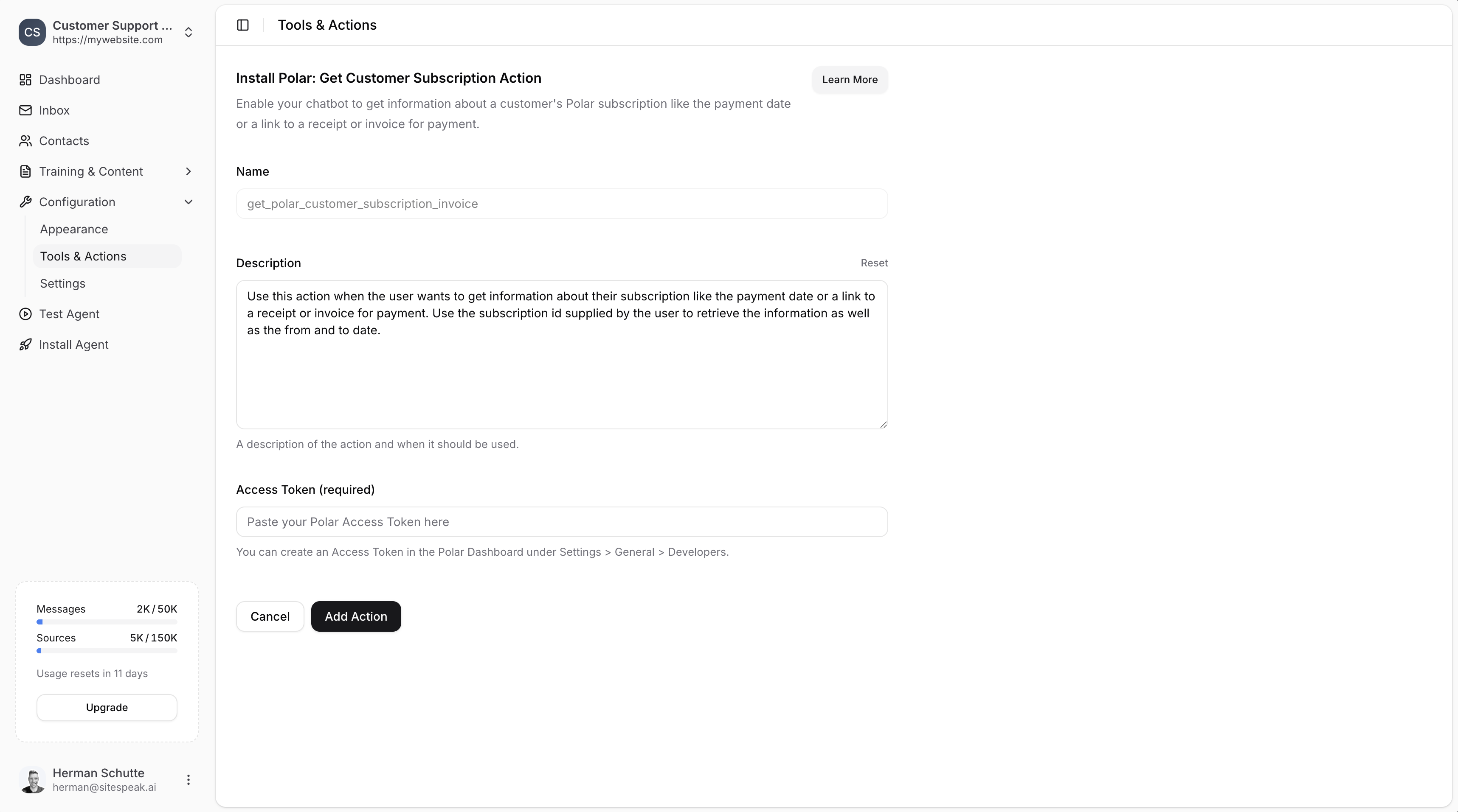 Polar action configuration