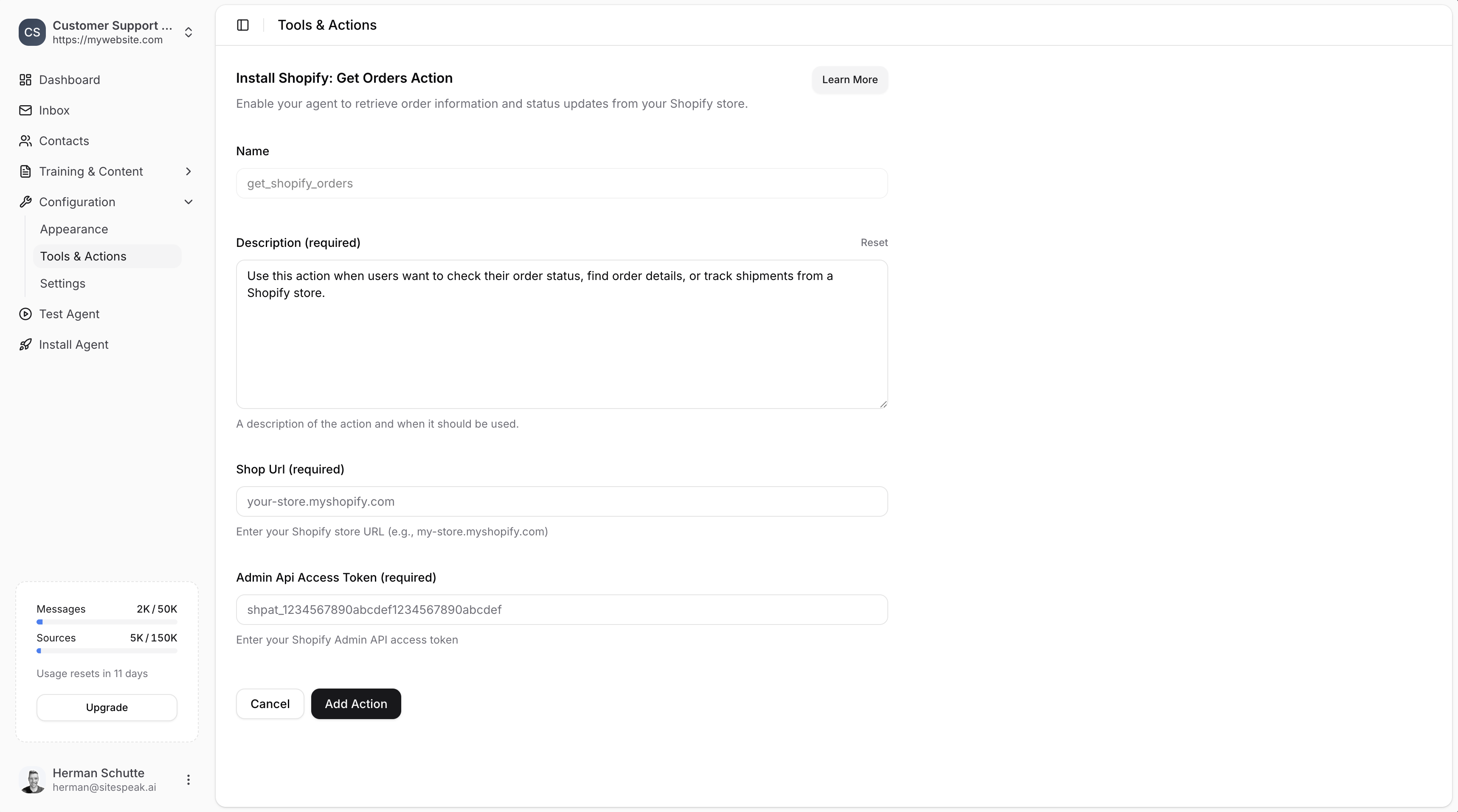 Shopify action configuration