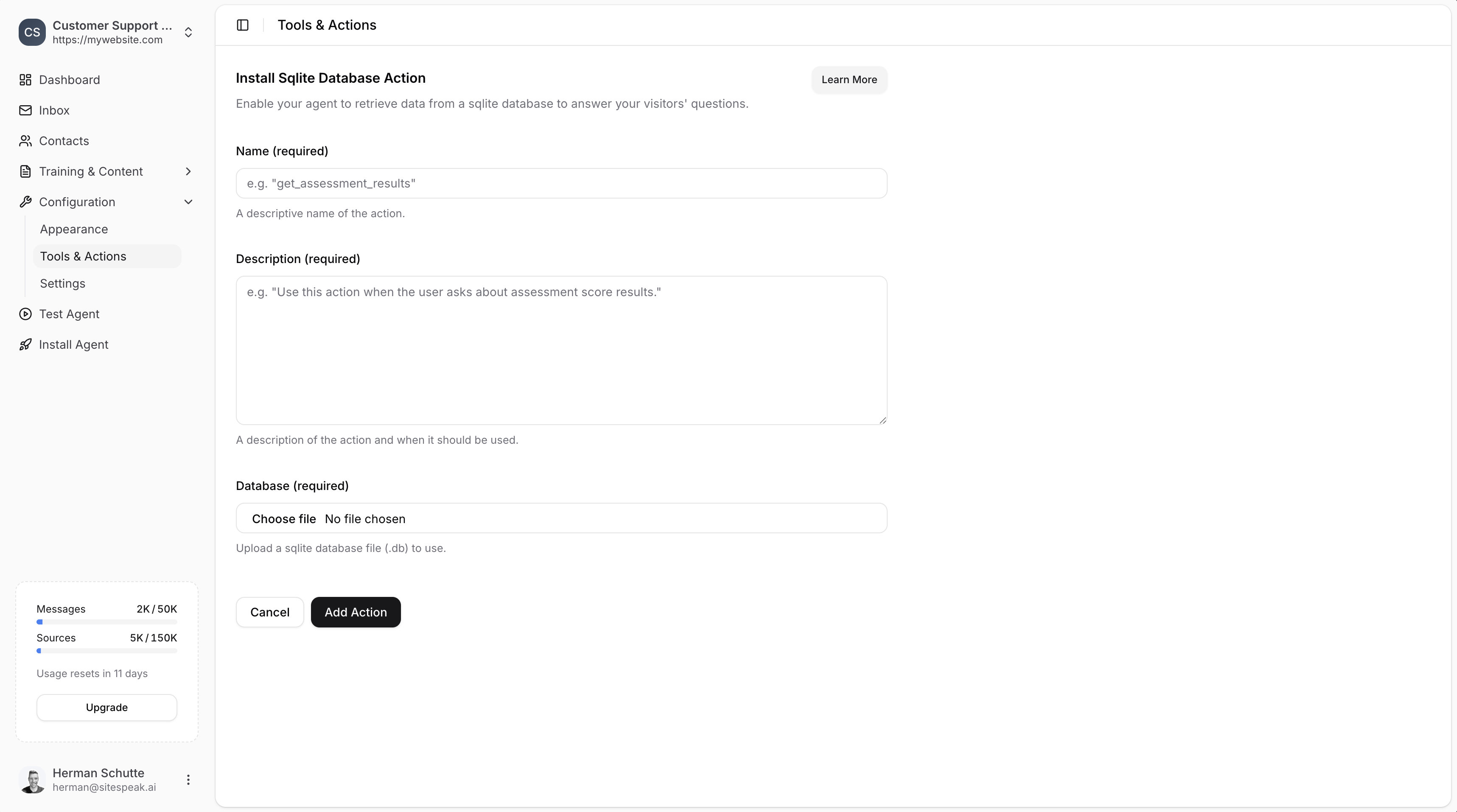 SQLite Database configuration