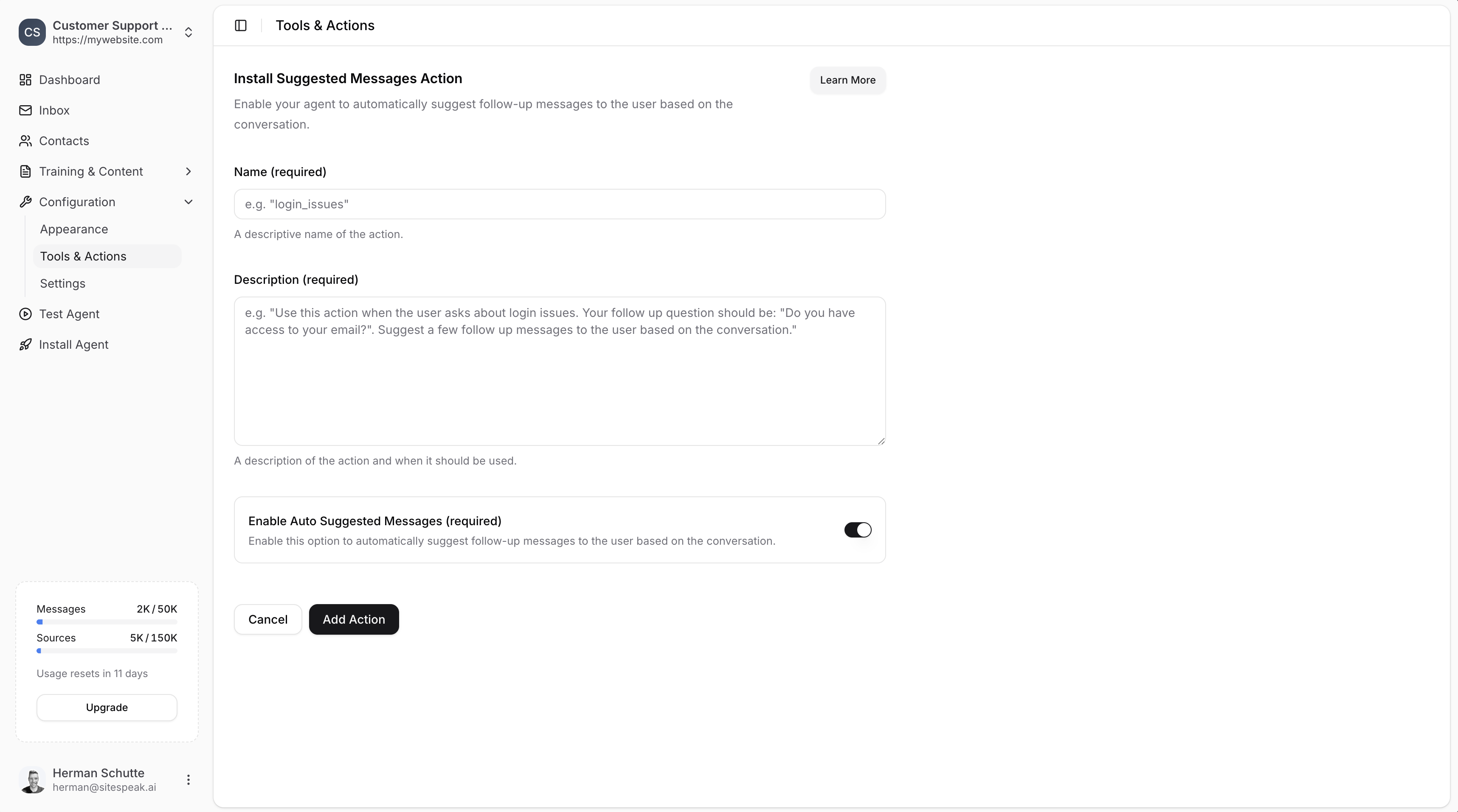 Suggested Messages configuration
