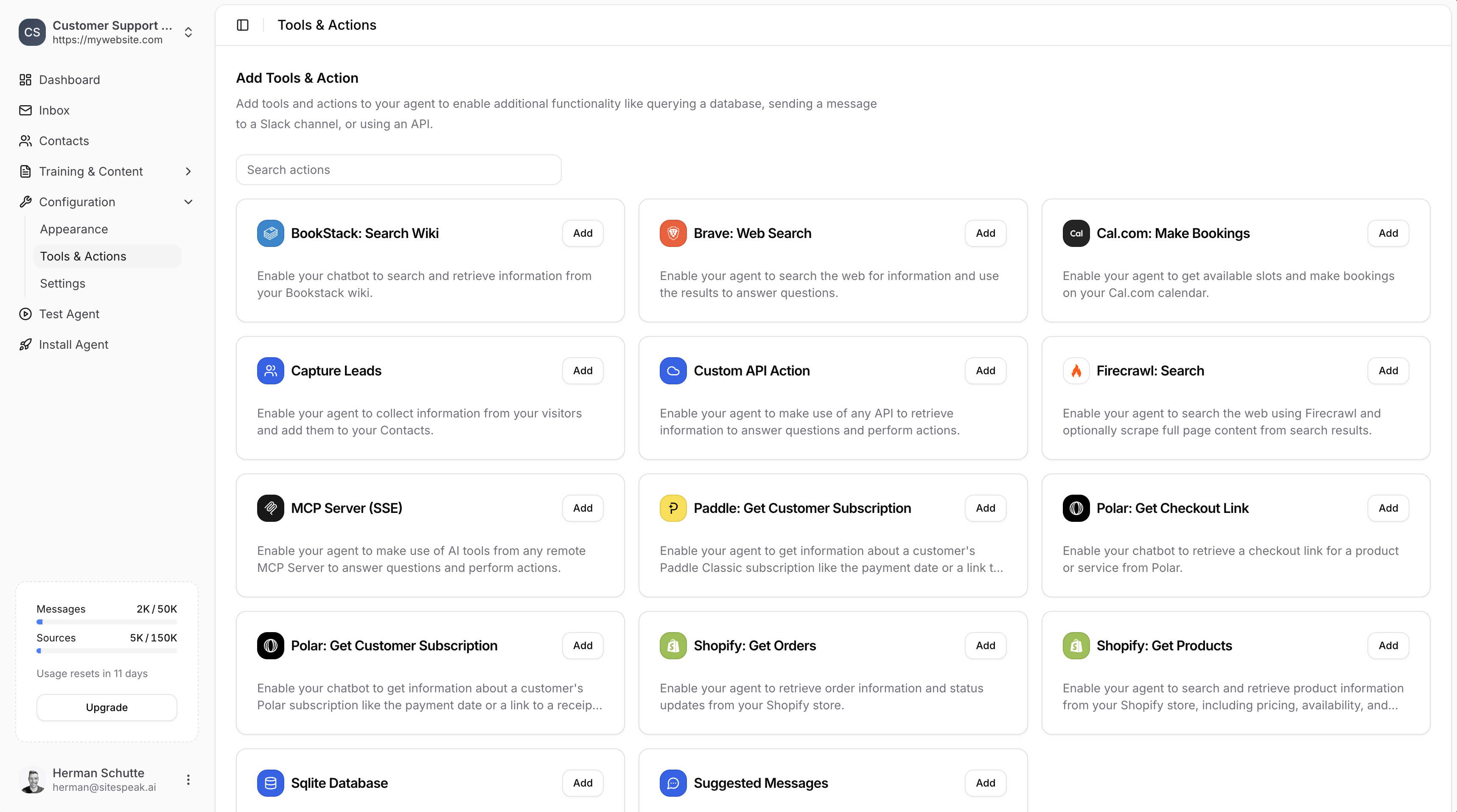 Tools & Actions - SiteSpeakAI Docs