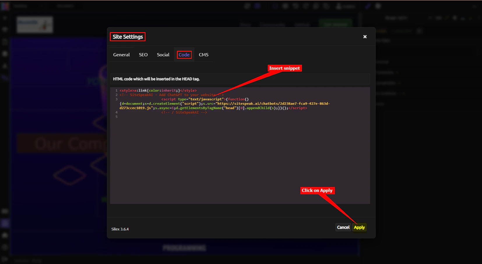 Code editor-Insert snippet