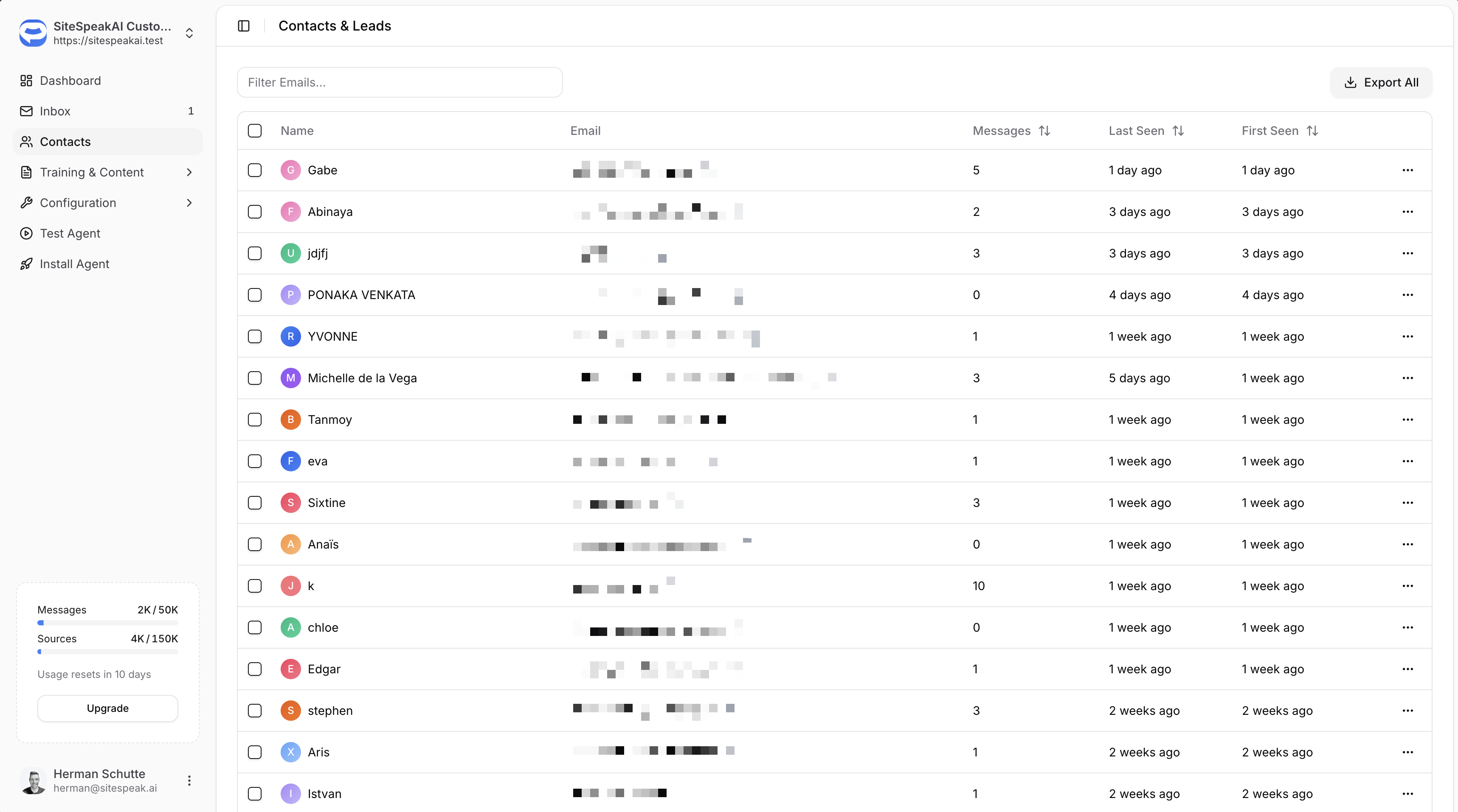 Contacts list with captured leads